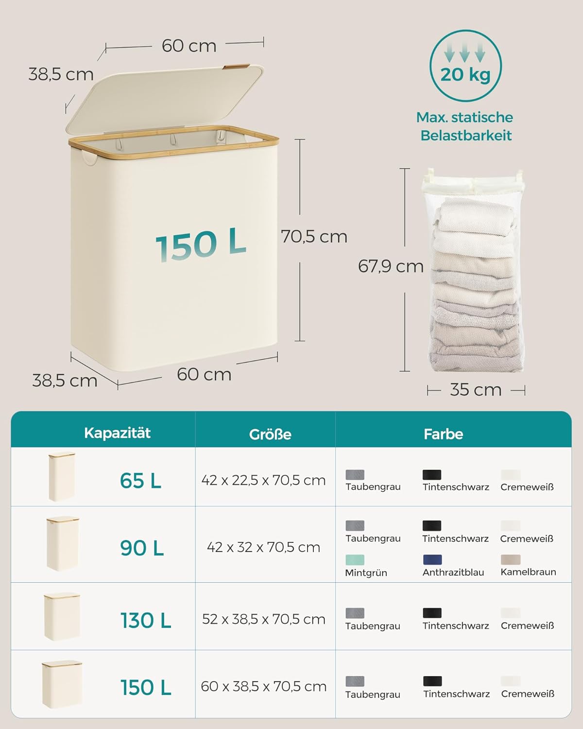Thumbnail 5 de SONGMICS Wäschekorb mit Deckel und 3 Fächern (150 L) LCB515W01 – sortieren, verstauen, transportieren