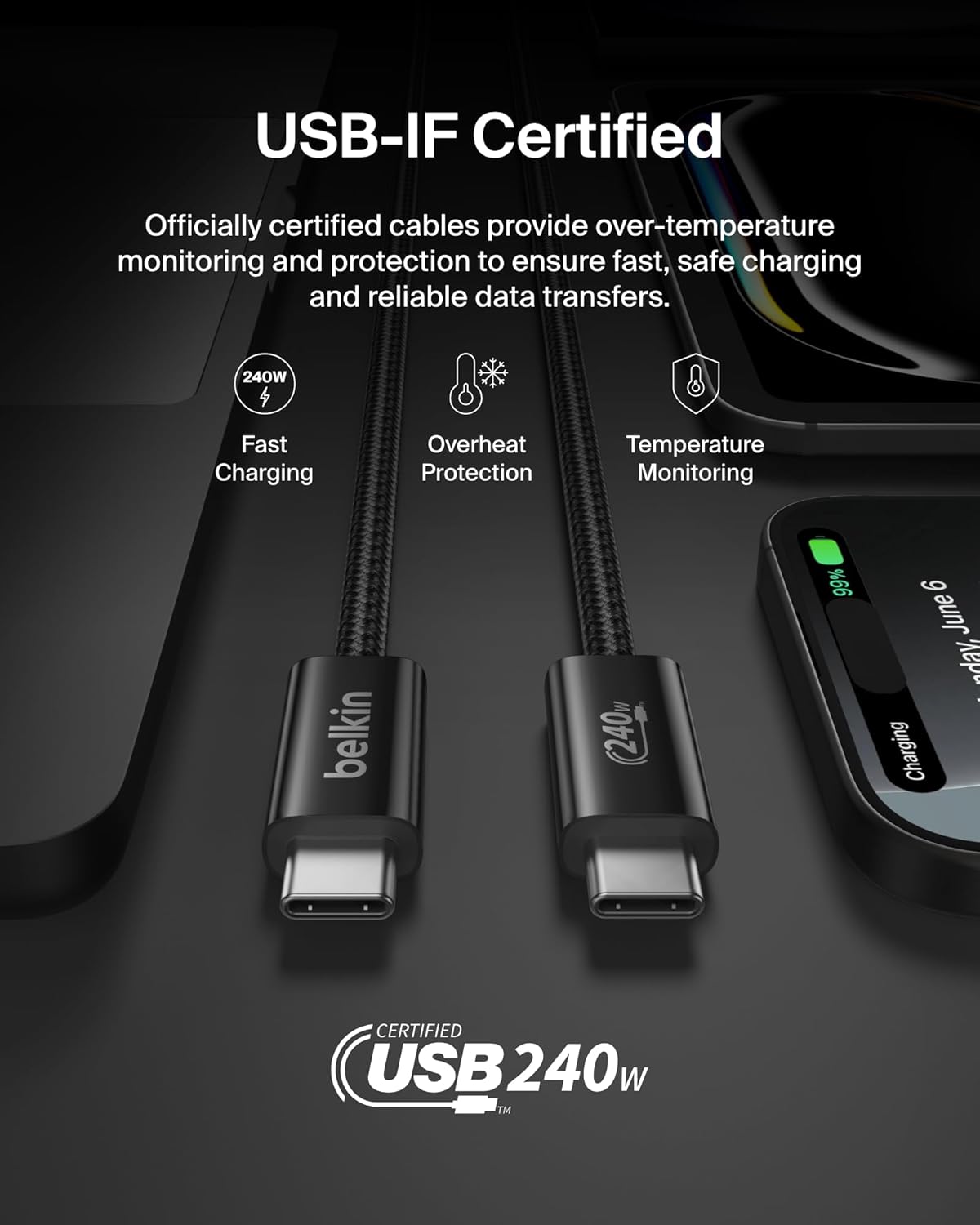 Thumbnail 3 de Belkin BoostCharge USB-C to USB-C Cable (3.3ft) — 240W, Braided Durability for Fast Charging & Data