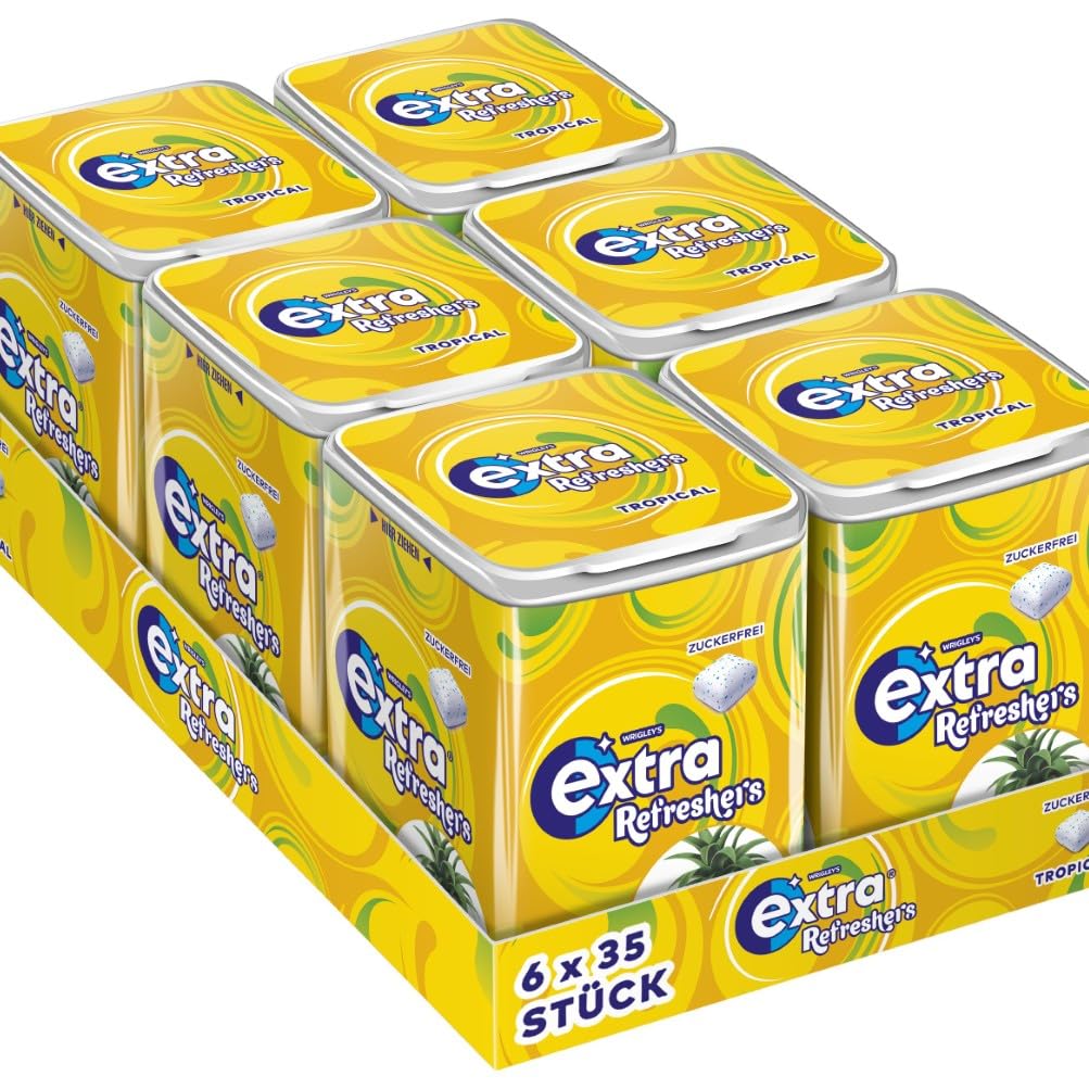 Detalle de Extra Refreshers zuckerfreier Tropical Kaugummi – Großpackung (6 x 35 Dragees)