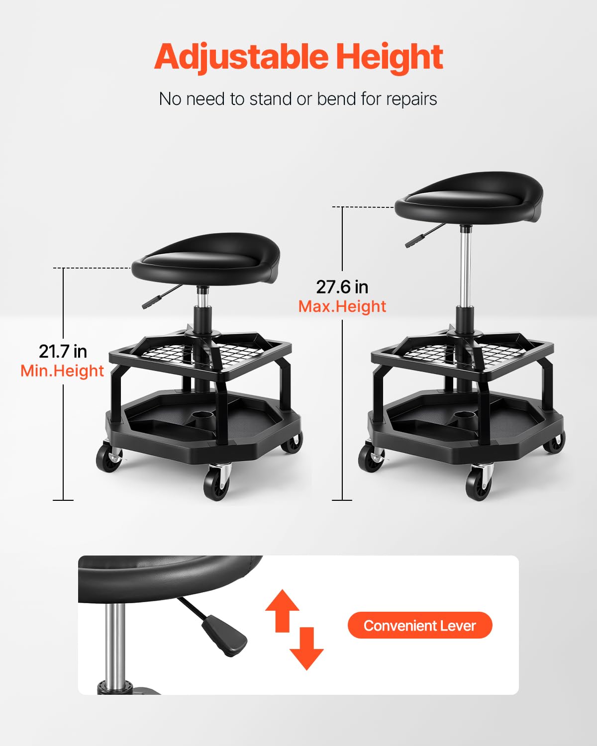 Detalle de VEVOR Tabouret d'atelier roulant à hauteur réglable – support lombaire, 360° et 136 kg