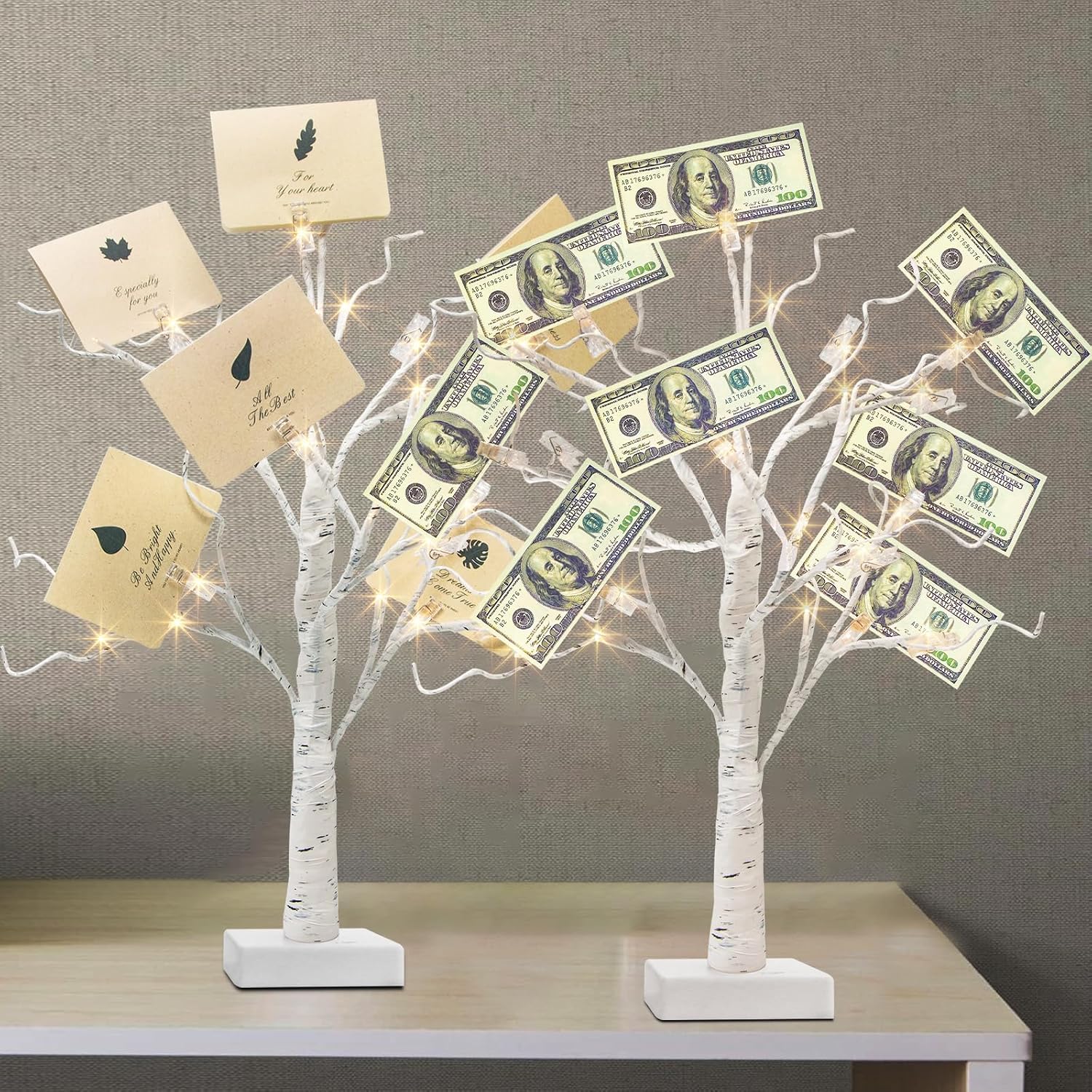 Detalle de PEIDUO Set of 2 Money Trees, 22-Inch White Gift Holders with Warm LEDs