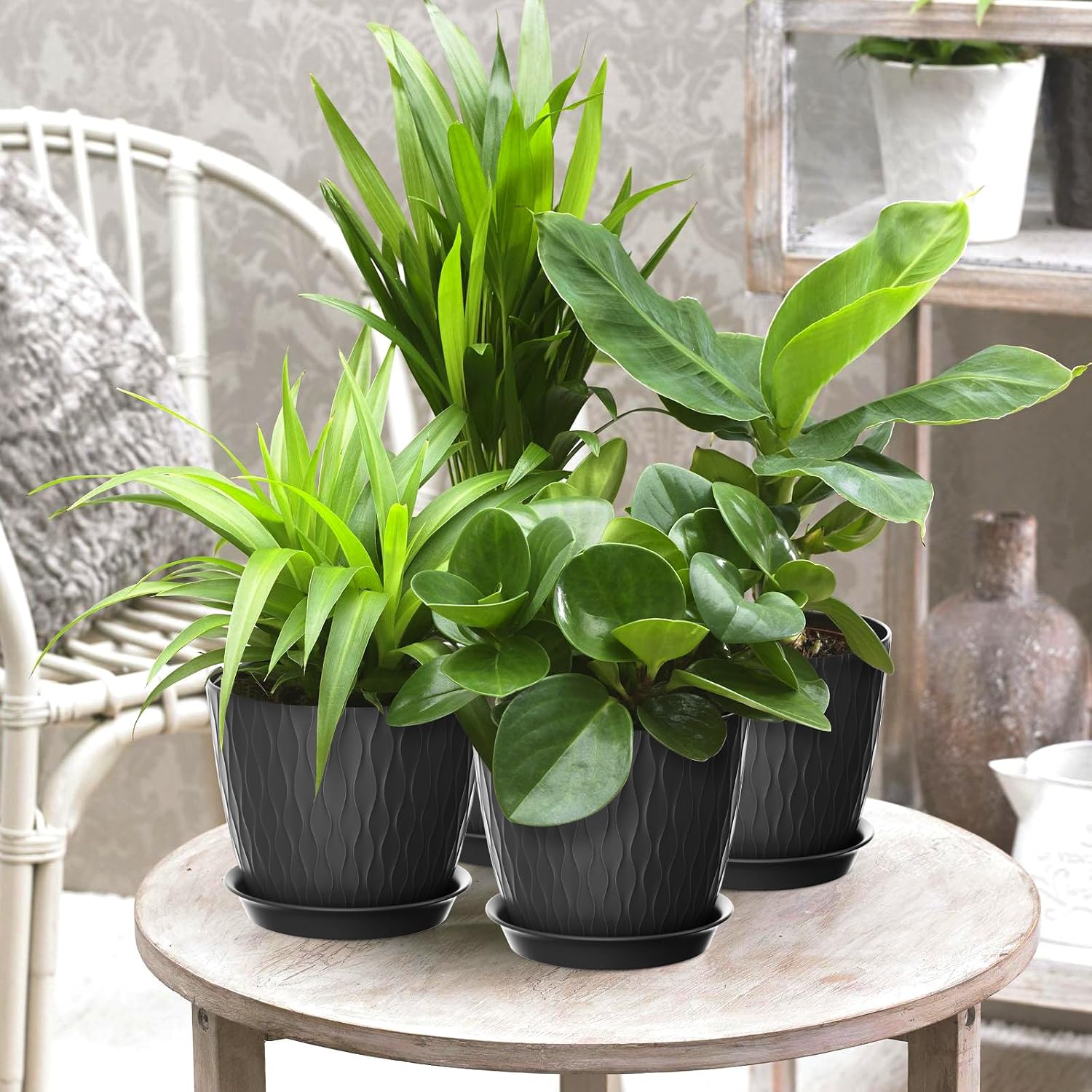 Thumbnail 2 de 17cm Indoor Plant Pots (5-Pack) – Plastic Planters with Drainage Holes and Saucer, Black with Decorative Stripe Grooves