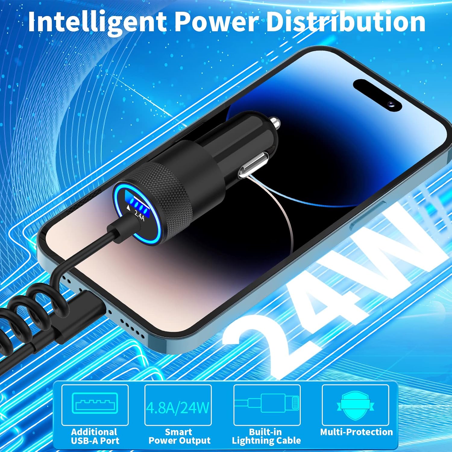 Thumbnail 2 de Caiinei MFi Certified 4.8A Dual USB Car Charger with 6FT Coiled Lightning Cable