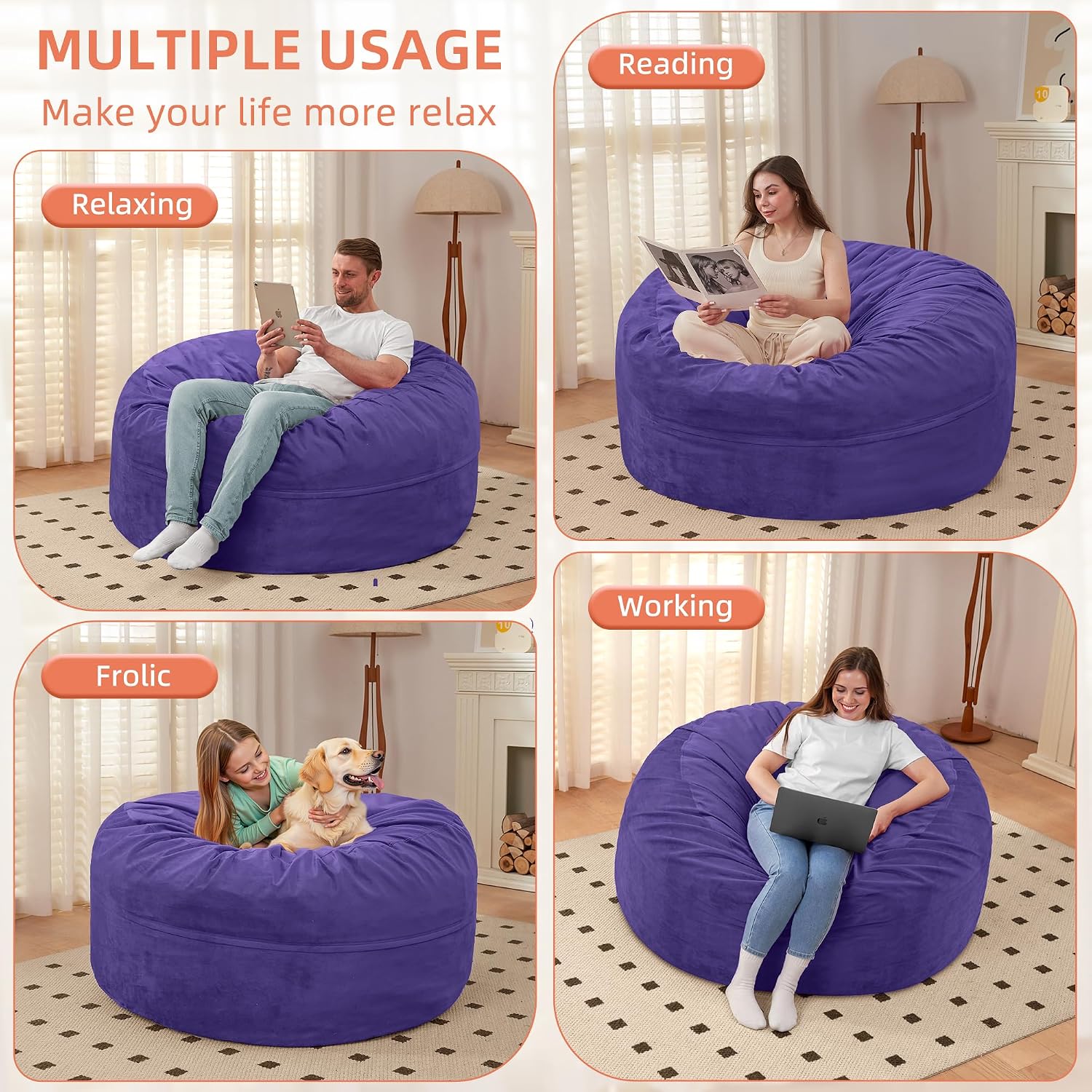 Detalle 2 de HABUTWAY BEAN BAG CHAIR 3FT Velvet Bean Bag Chair, Purple, Memory Foam