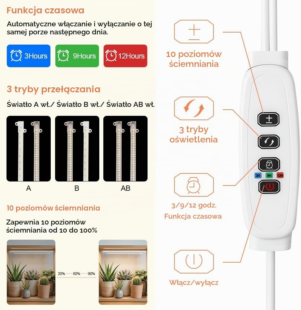 Detalle de Ainiv – zestaw 2 lamp do roślin, 2 głowice, pełne spektrum i timer