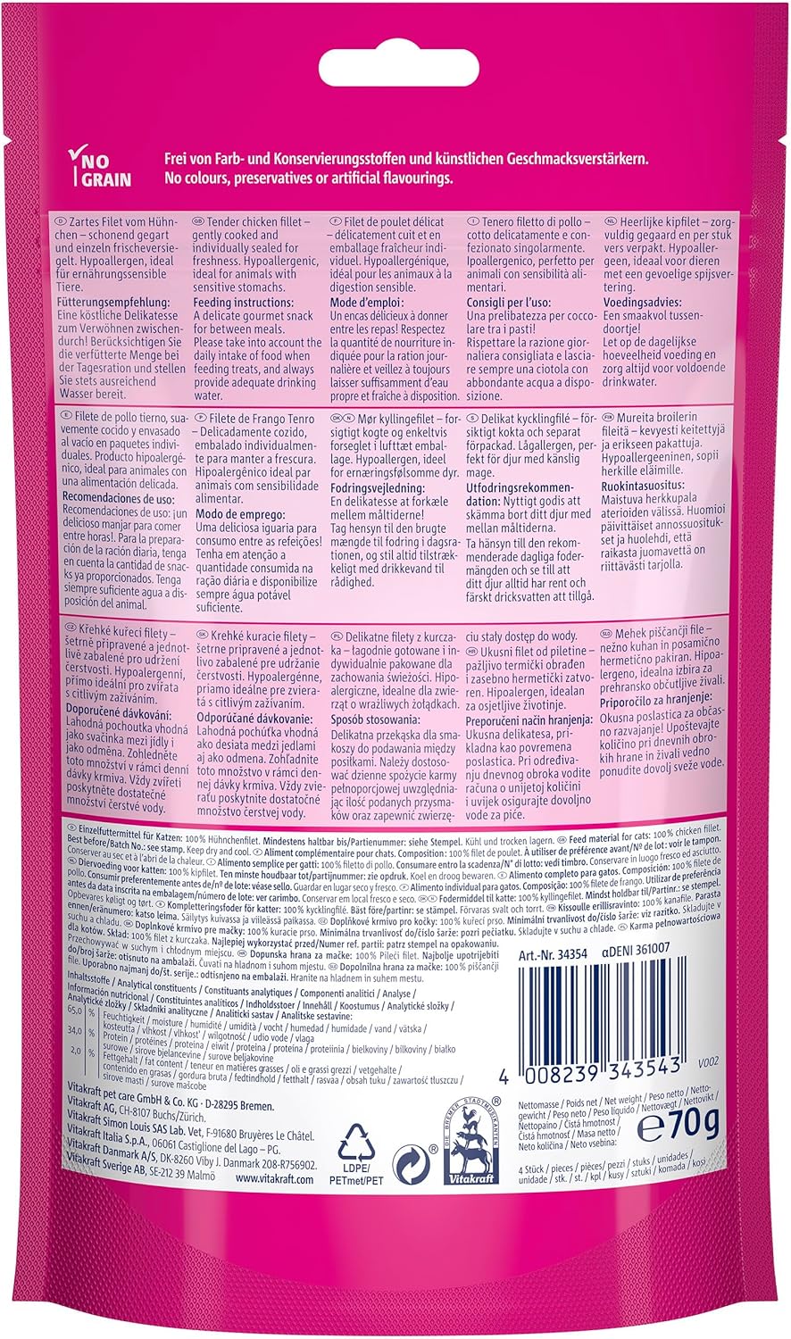Detalle 2 de VITAKRAFT Premium Friandises pour Chats – Filet de Poulet Allégé, Sans Céréales, Hypoallergéniques, Format Économique (7x70 g)