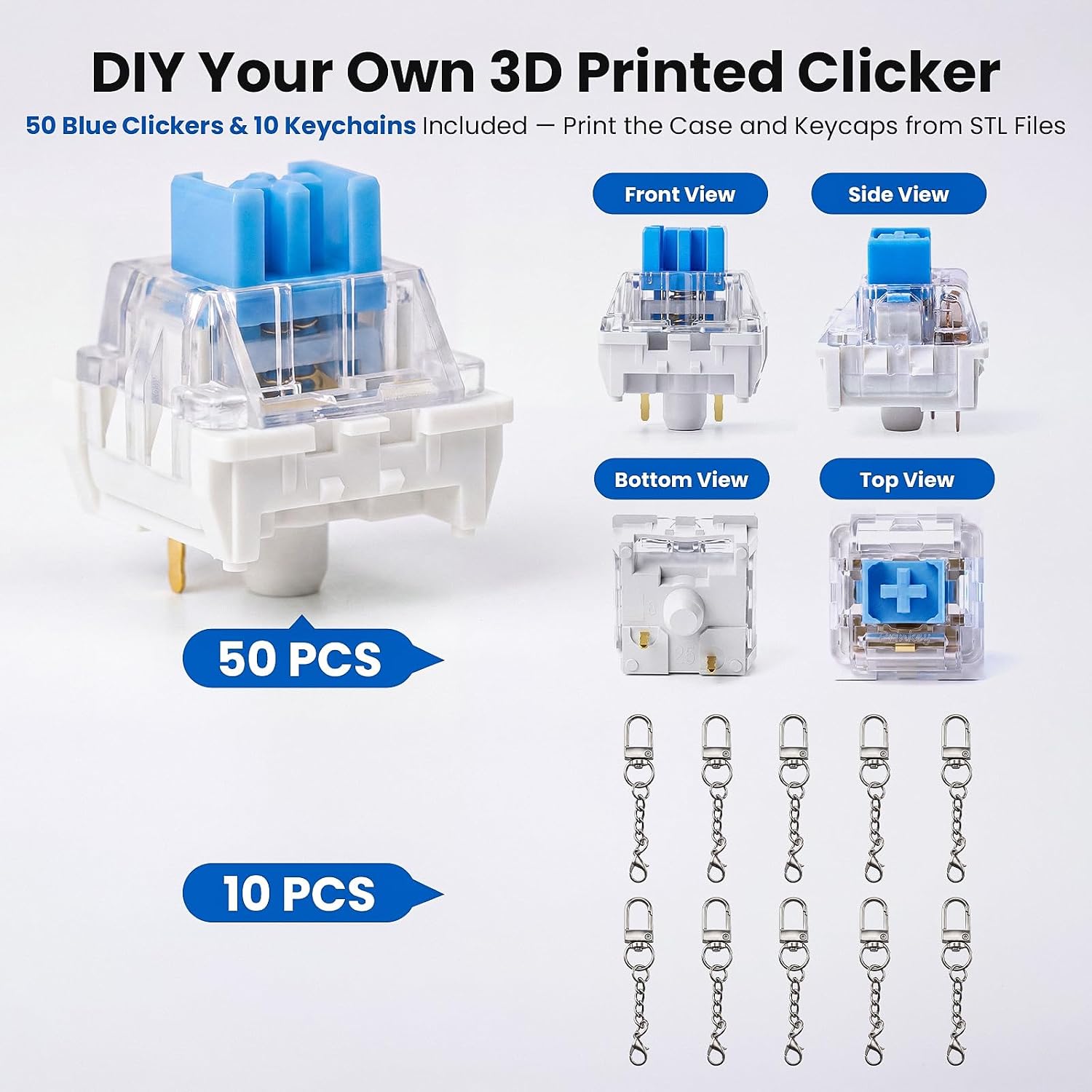 Thumbnail 6 de Smaxthsen 3Dプリント用キーボードクリッカー 50個セット、青軸・3ピン仕様、キーリング10個付き