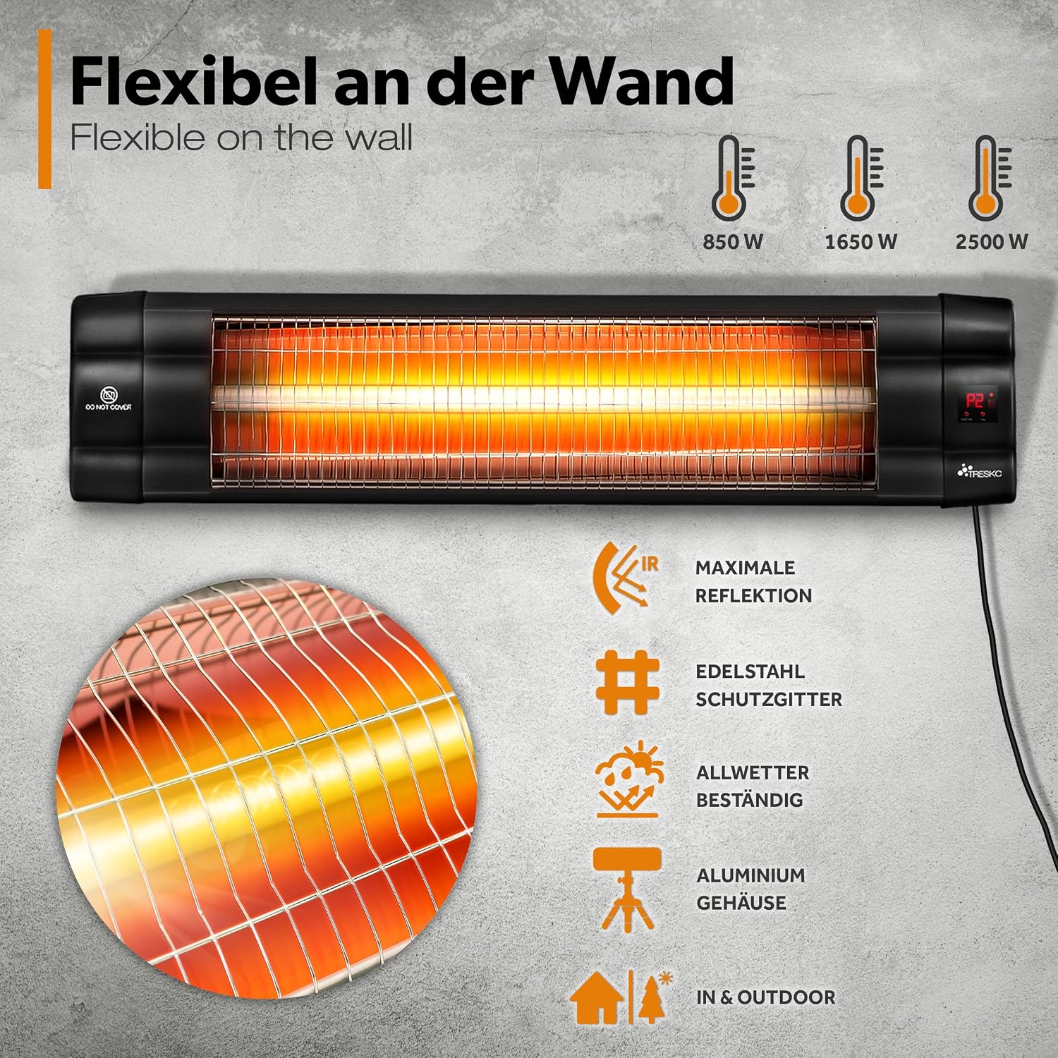Detalle 2 de TRESKO THSL-001 infrarood warmtestraler, 2500 W met afstandsbediening