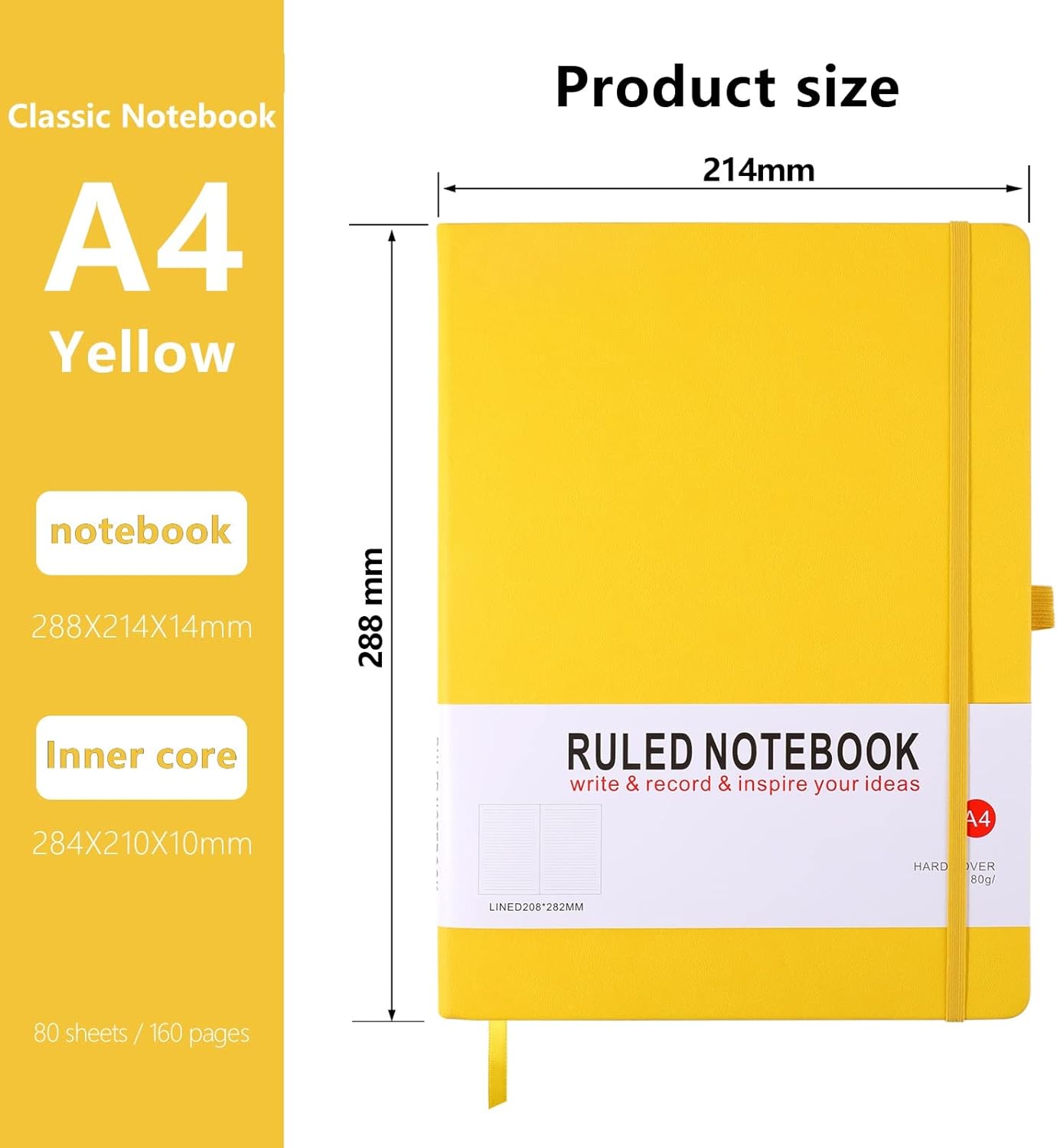 Thumbnail 1 de A4 Notebook – Hardcover Journal with Elastic Closure, Pen Loop, and Bookmark, 160 Pages, 8.3" x 11.18", Yellow