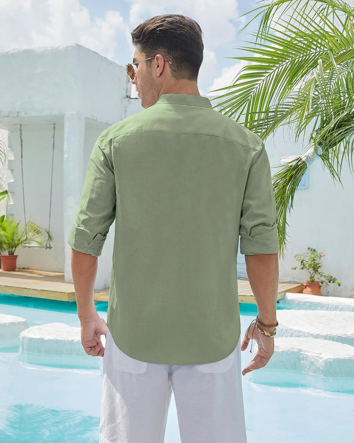 Detalle de siliteelon Leinenhemd Herren – Langarm, Stehkragen, Regular Fit