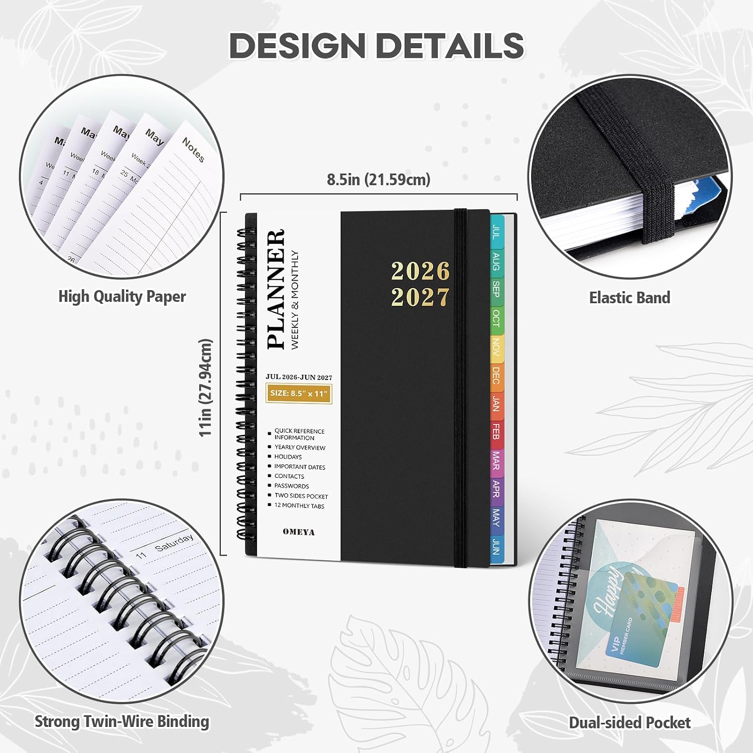Detalle de OMEYA 2026-2027 Weekly and Monthly Planner, 8.5 x 11 in, Black PVC Cover