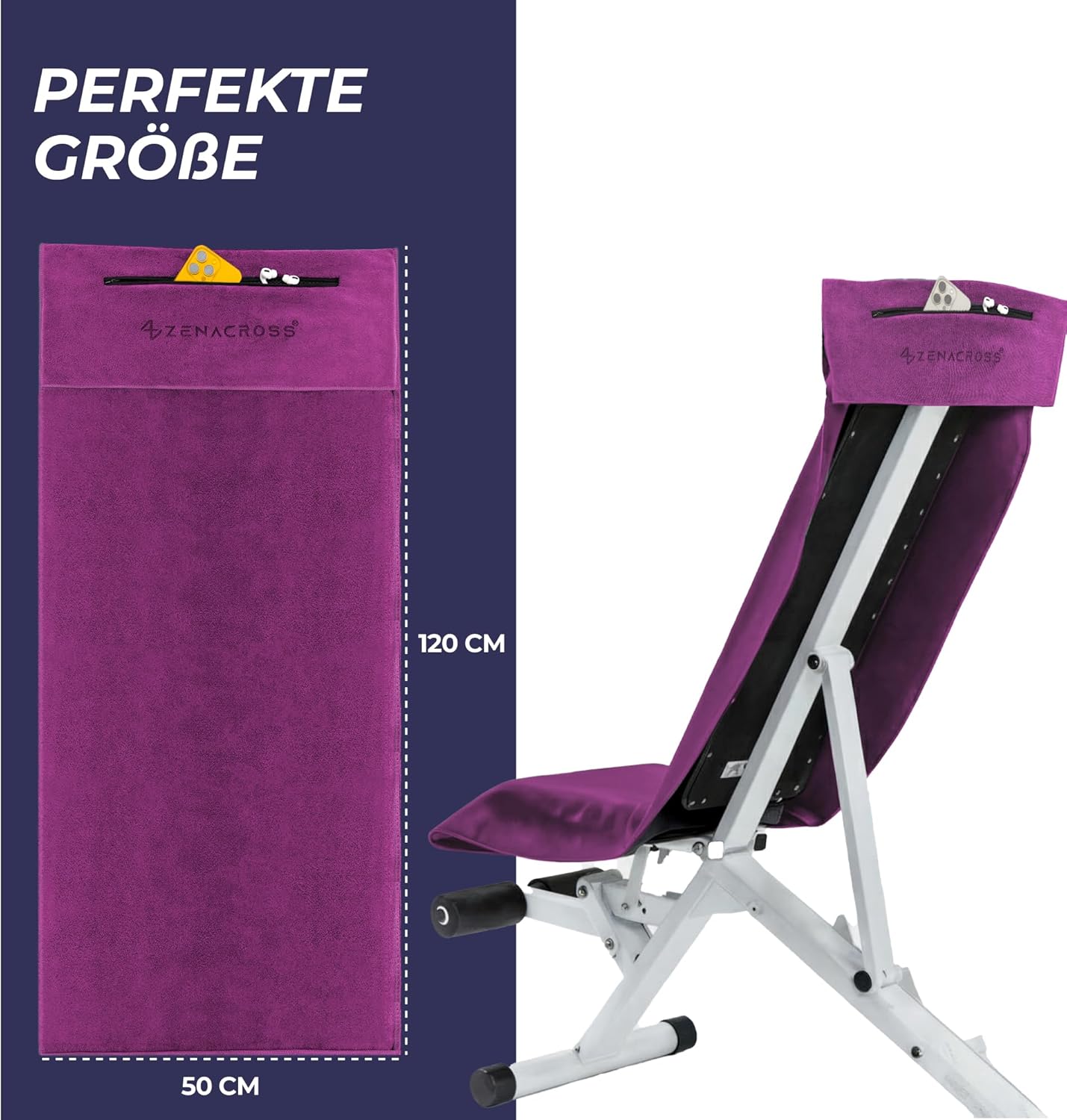 Thumbnail 1 de ZENACROSS Fitness Handtuch Mikrofaser 120x50 – schnelltrocknend mit Reißverschlusstasche