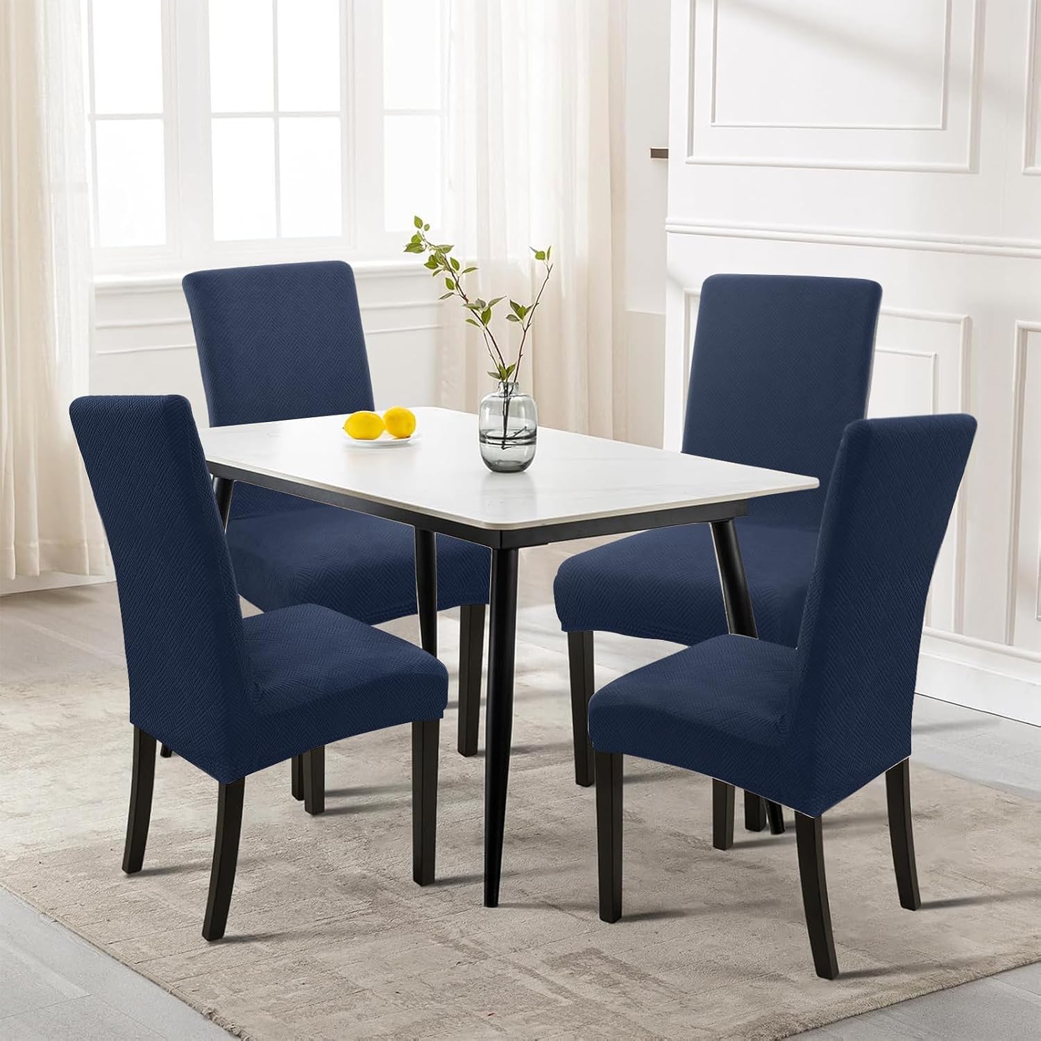 Detalle 2 de YSTELLAA Housse de chaise extensible 6 pièces en jacquard losanges – bleu foncé
