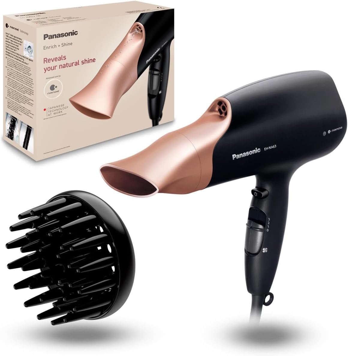 Detalle de Panasonic EH-NA63 Nanoe Haartrockner – Roségold mit Diffusor, Styling-Düse & 2000 W