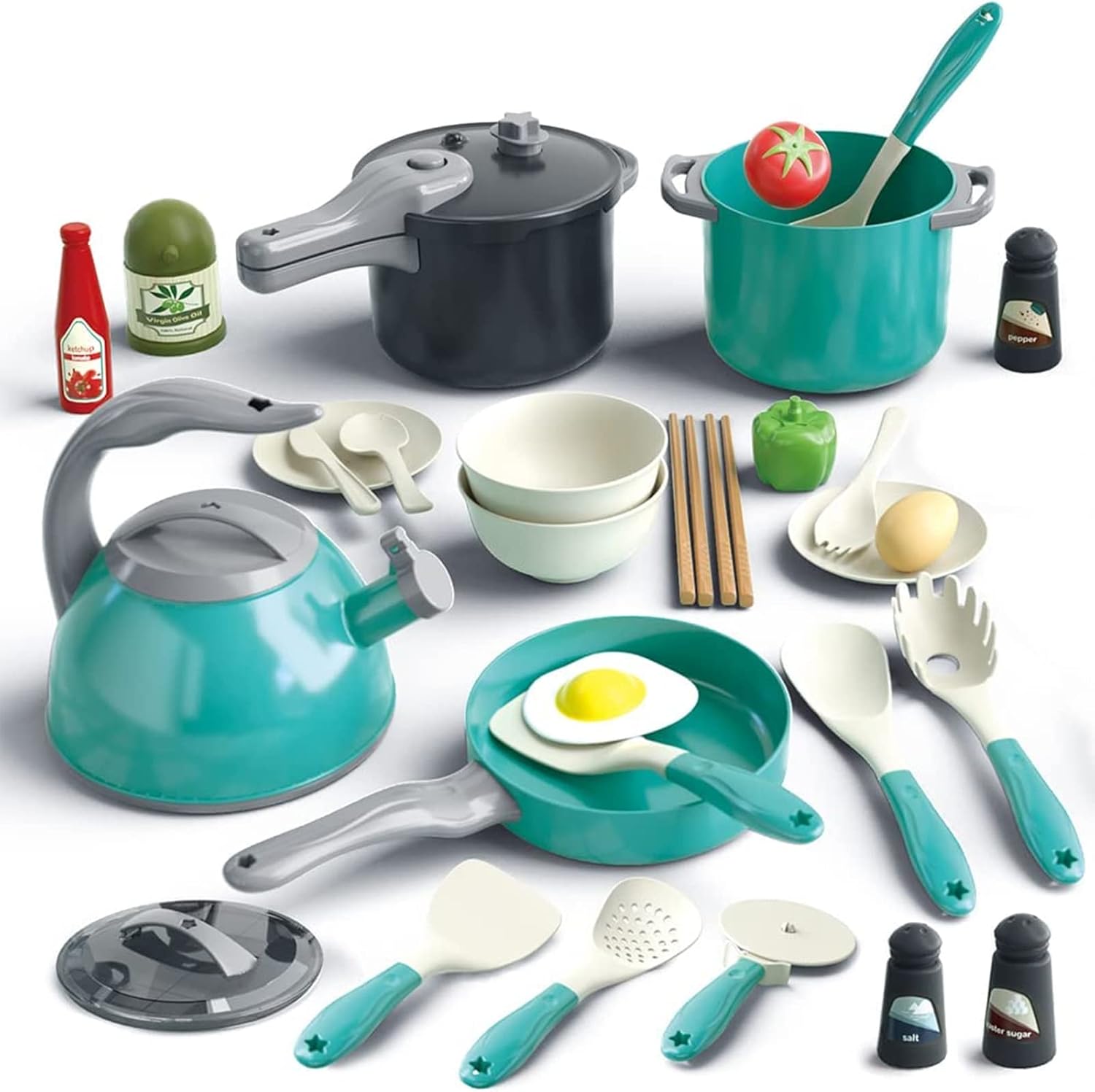 Detalle de Bruvoalon 32-Piece Kids Play Kitchen Toys Set (Toddlers Pretend Cooking Set) – Green