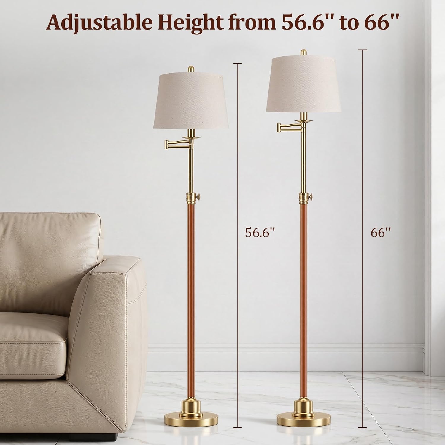 Detalle 2 de Vintage Walnut Gold Floor Lamp with 350° Swivel Arm and Adjustable Height