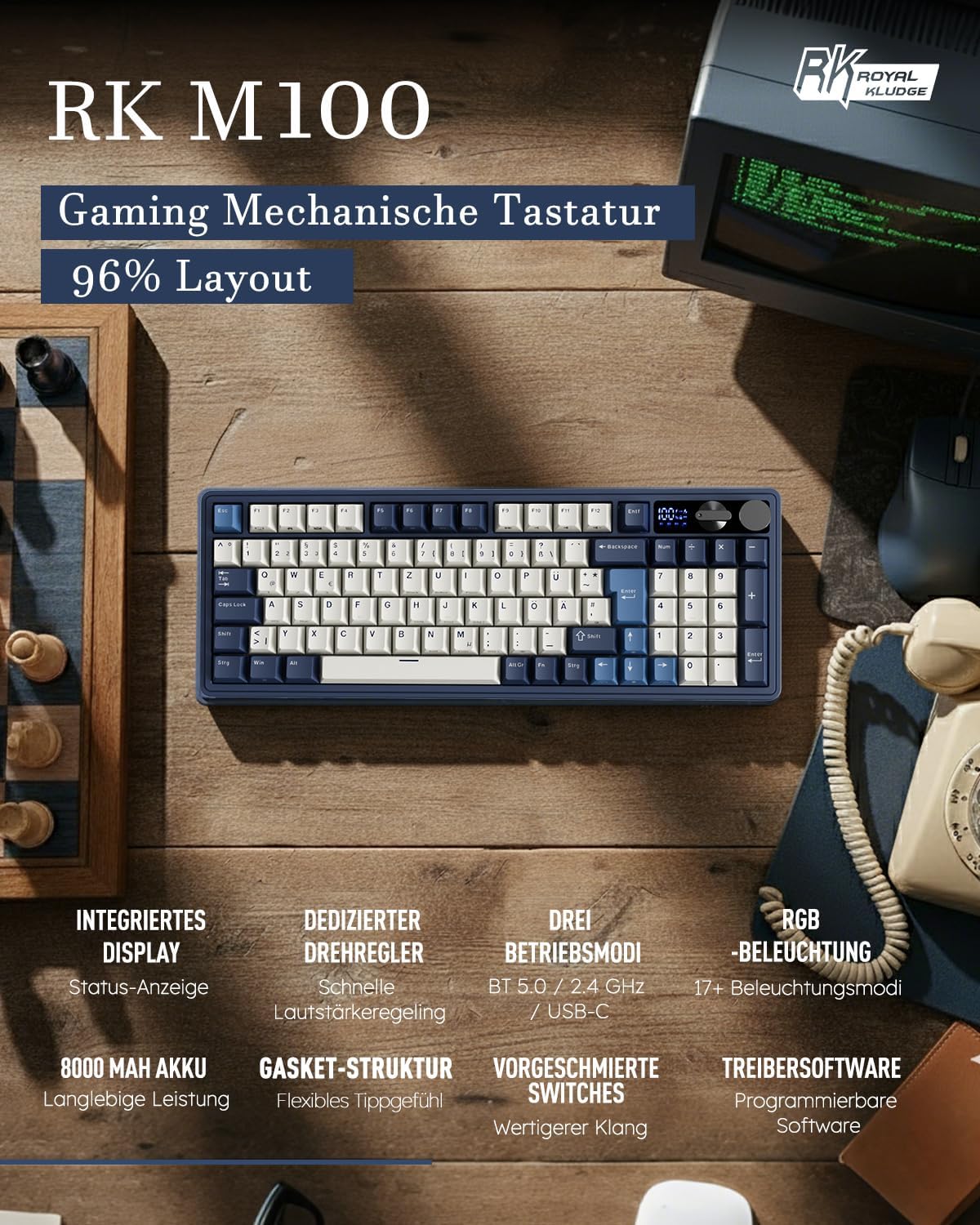 Thumbnail 1 de RK ROYAL KLUDGE M100 Gaming-Tastatur kabellos (96%, QWERTZ) mit Display, Drehknopf und RGB