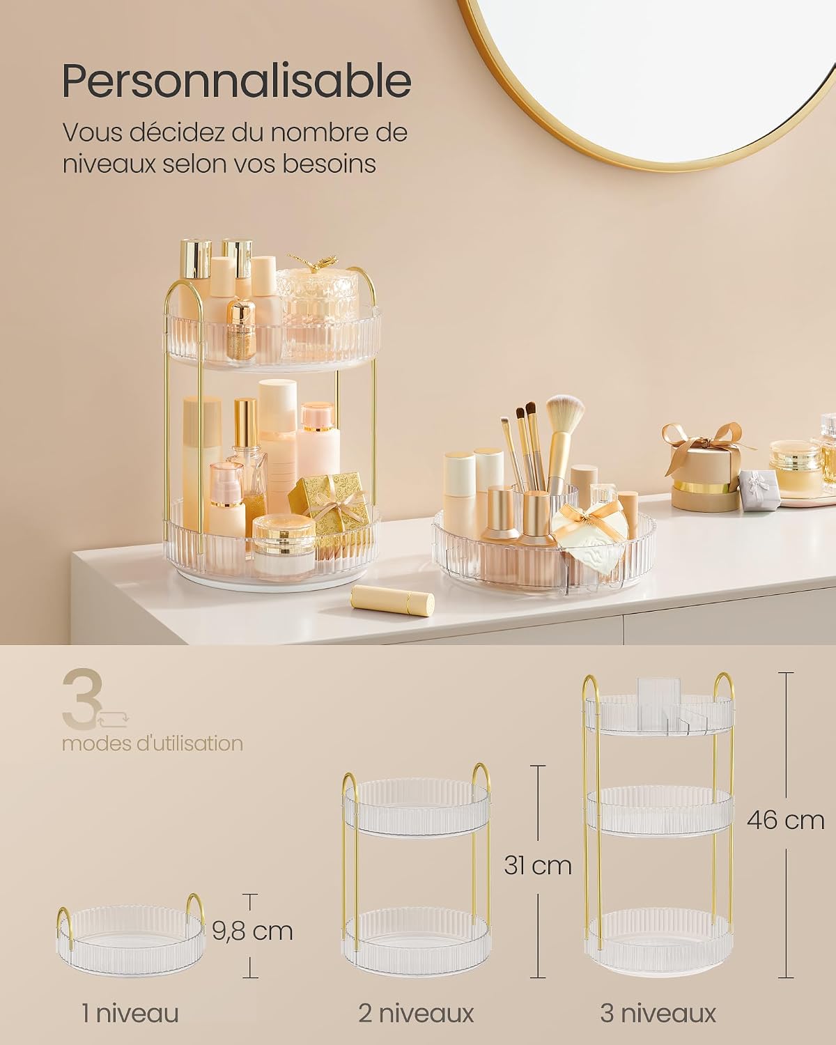 Thumbnail 3 de Organisateur Maquillage Rotatif SONGMICS JKA011W02 – 3 niveaux, séparables, rangement bijoux et coiffeuse