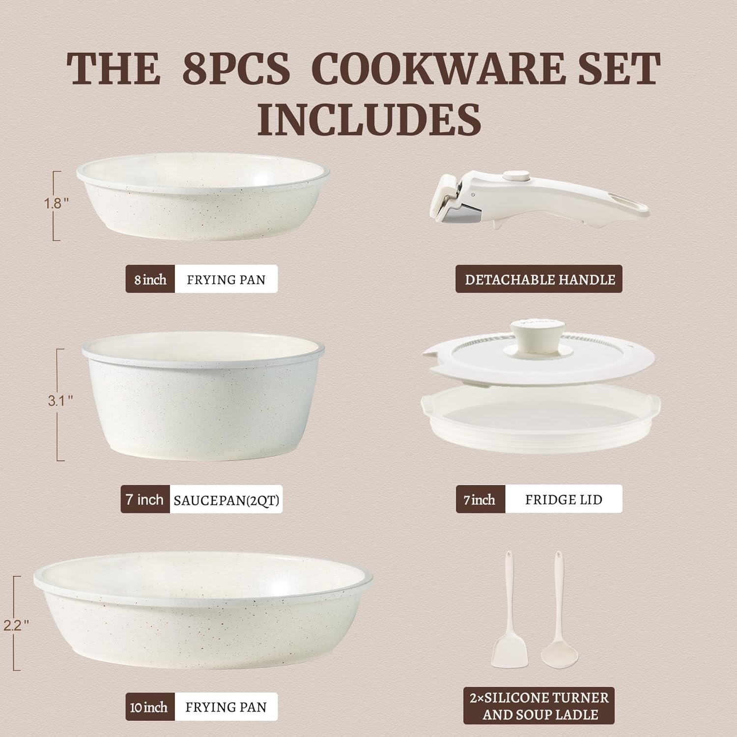 Thumbnail 1 de BECIGAR 8-Piece Ceramic Nonstick Cookware Set with Detachable Handle (Induction & Oven Safe)
