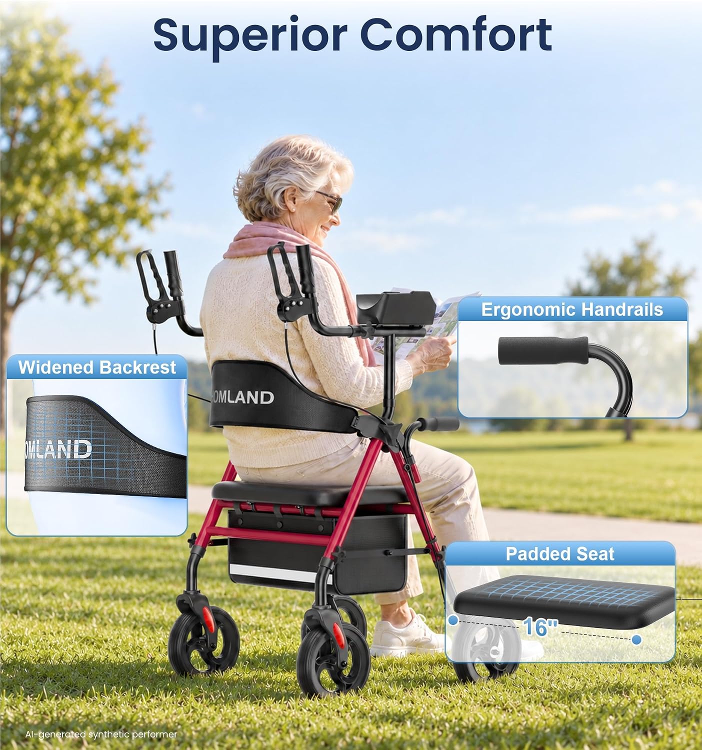 Detalle de HOMLAND Upright Walker with Seat, 16-Inch Padded Seat, Adjustable Arms