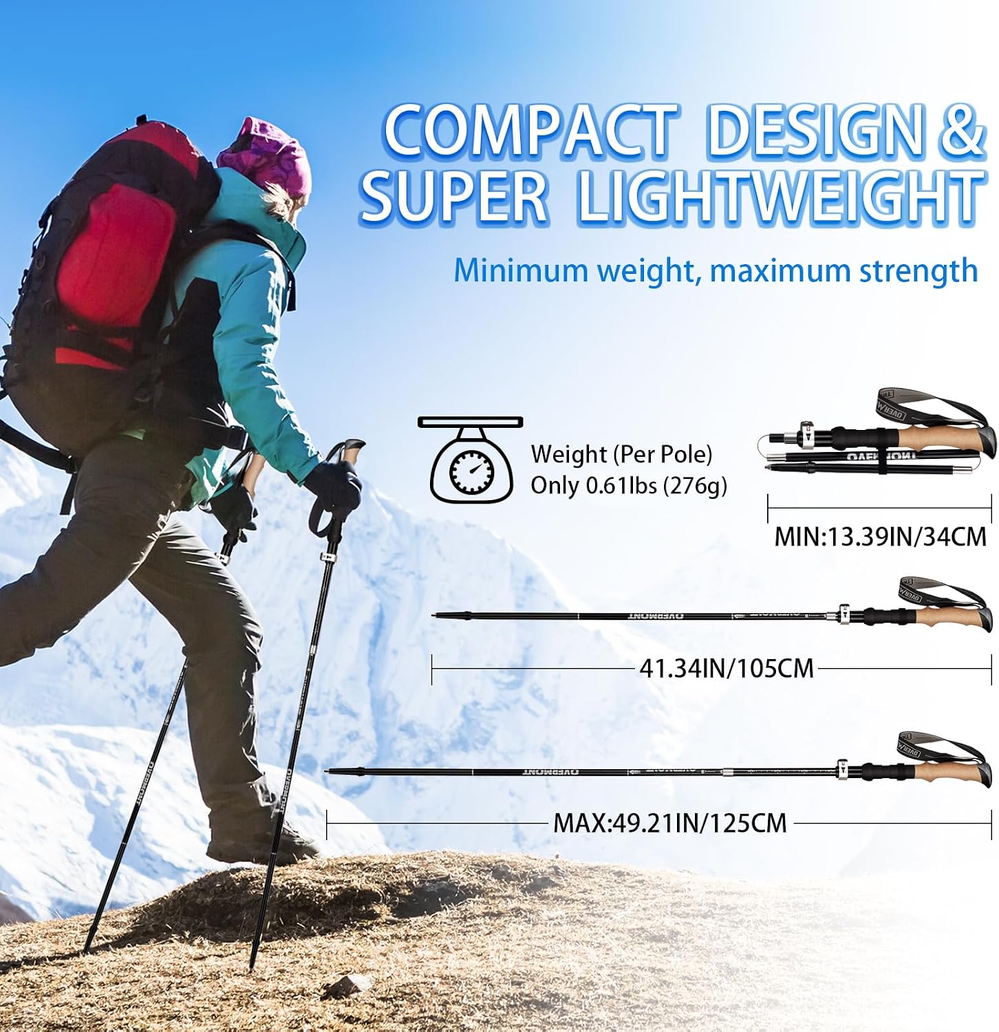 Detalle de Overmont Bastoni da trekking pieghevoli in alluminio 105-125 cm – 1 paio con accessori per tutto il terrain