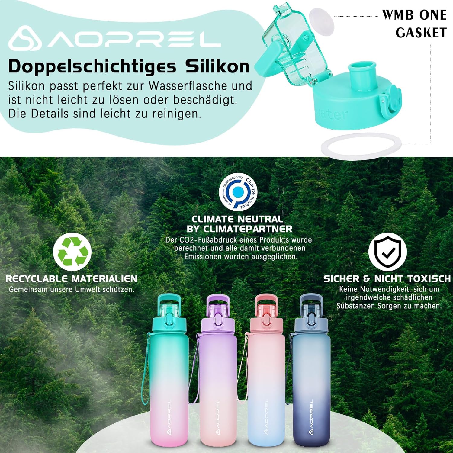 Thumbnail 4 de AOPREL Trinkflasche 1l – BPA-frei, Tritan, mit Filter und Bürste, auslaufsicher