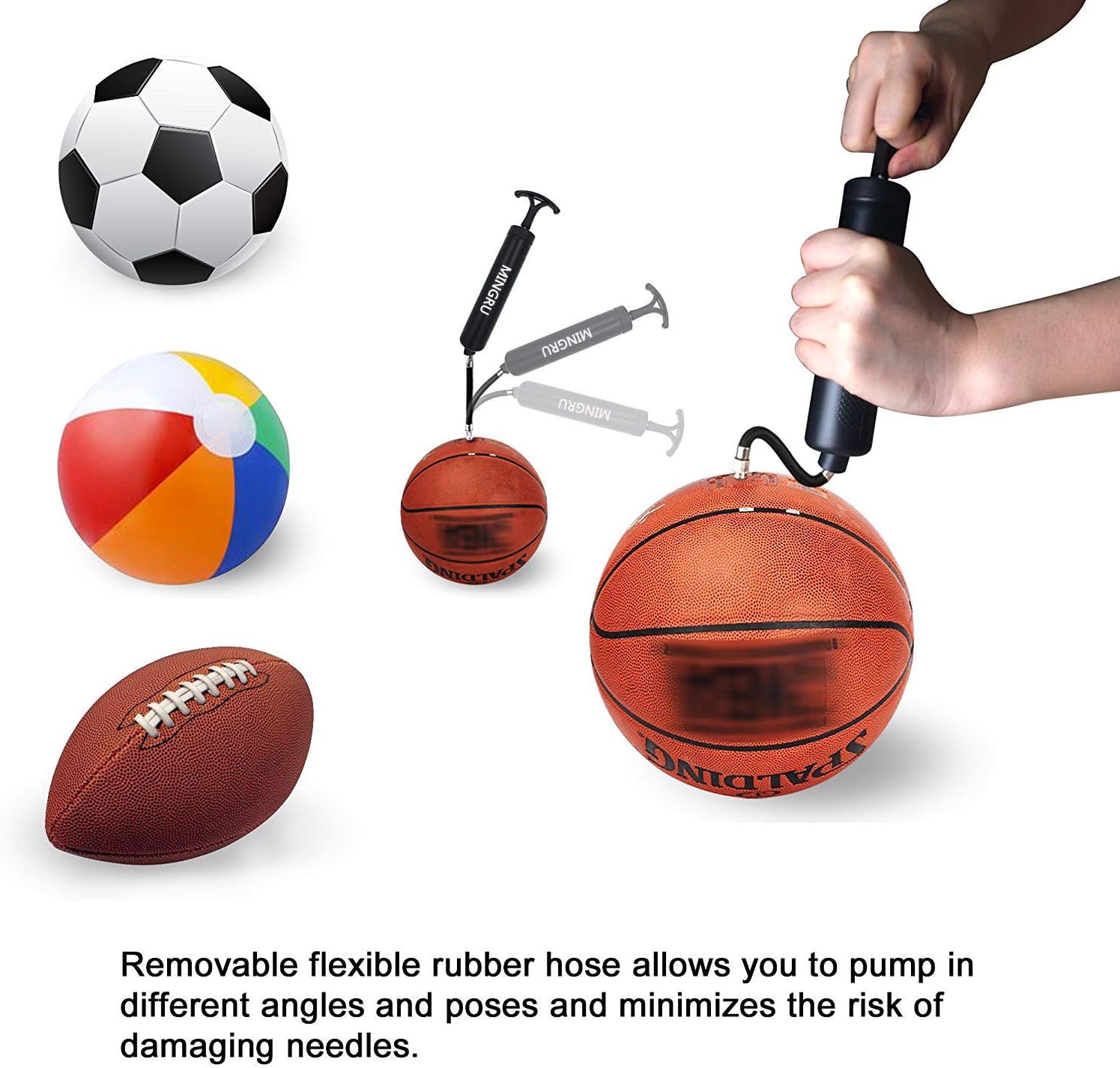 Detalle 2 de MINGRU Ballpumpe für Basketball, Fußball, Volleyball & mehr – Luftpumpe mit Nadeln und Düsen