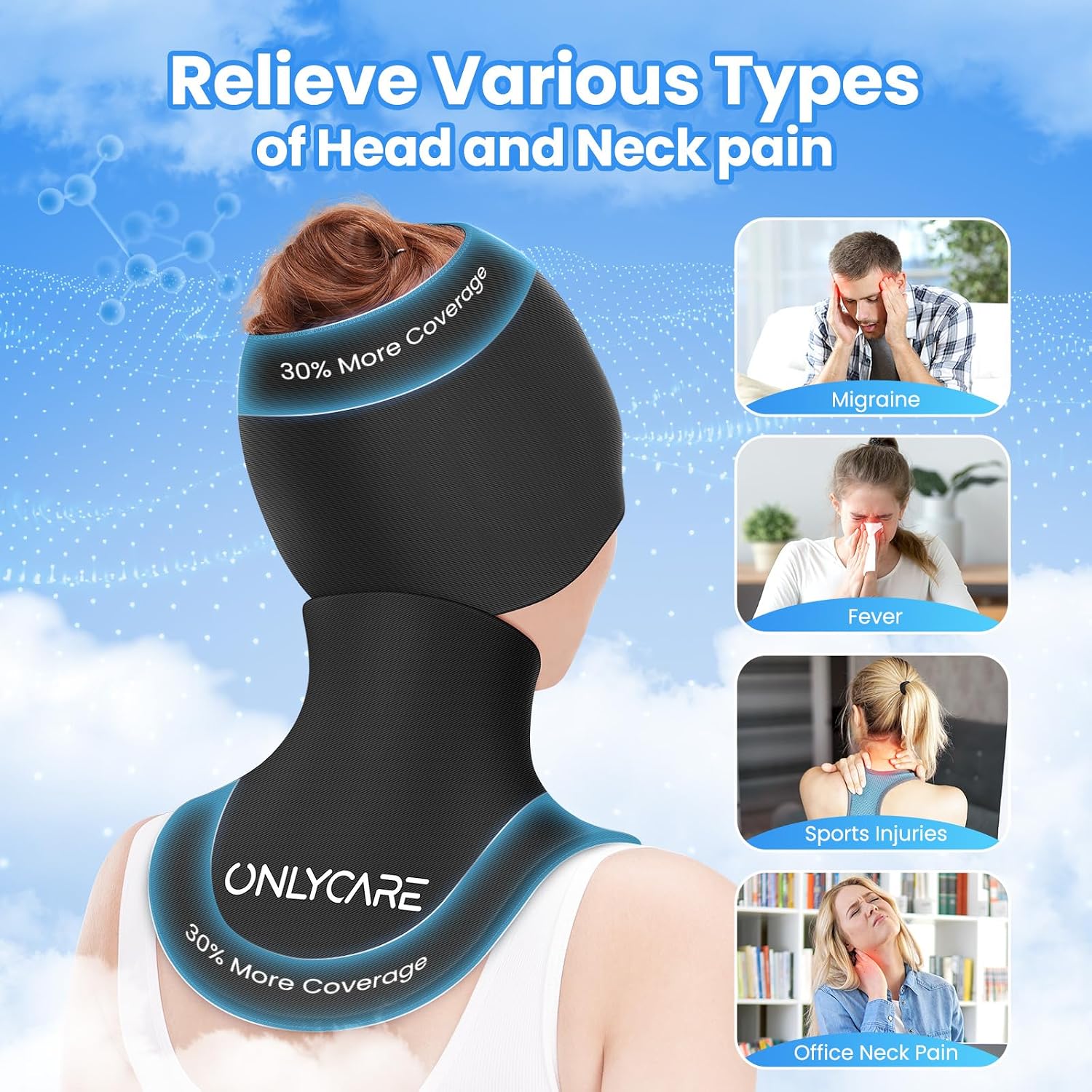 Detalle de ONLYCARE Migraine Relief Cap and Neck Ice Pack Set, Reusable Hot/Cold Gel Wraps
