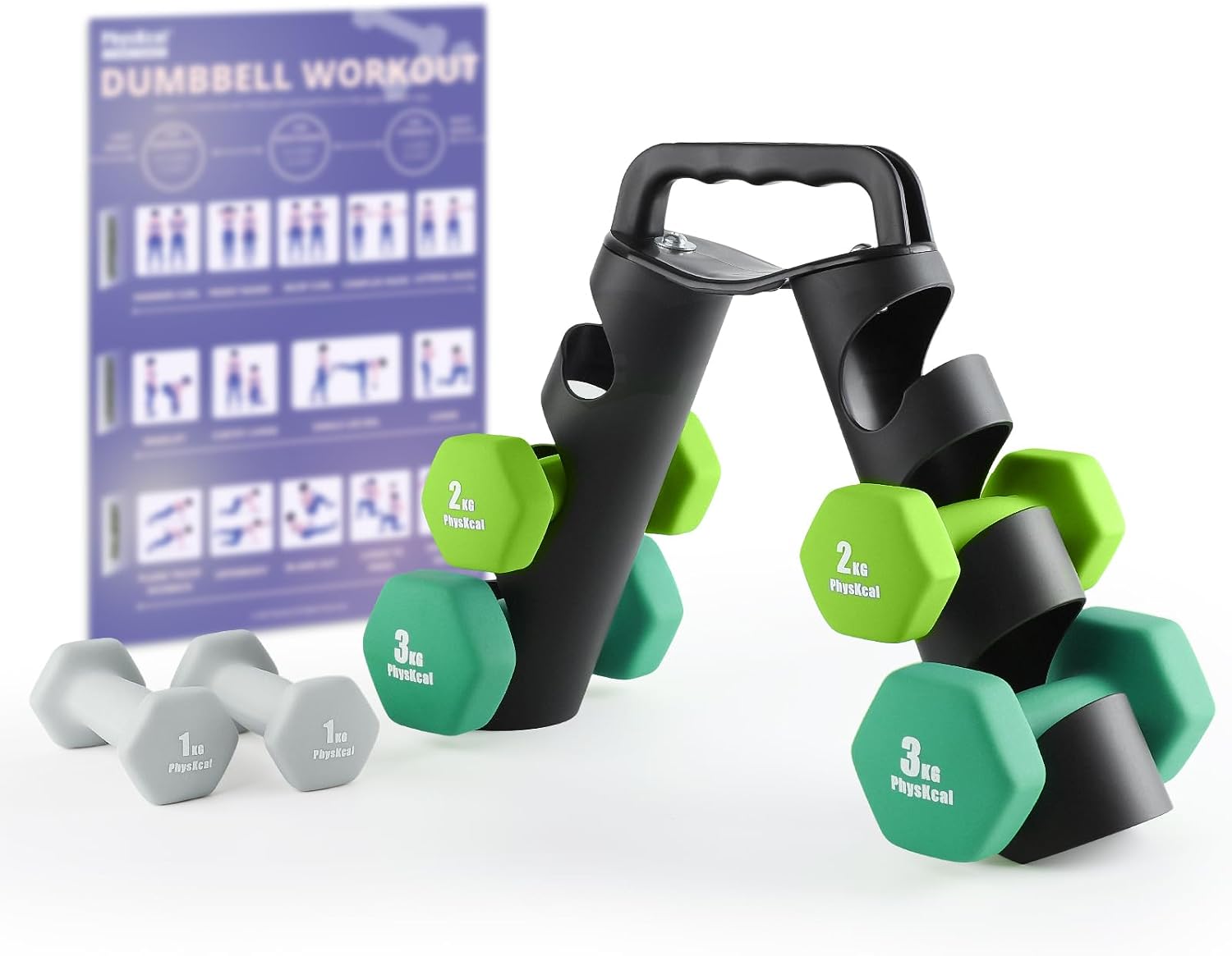Detalle de PhysKcal Dumbbells Set 1–3kg with Rack