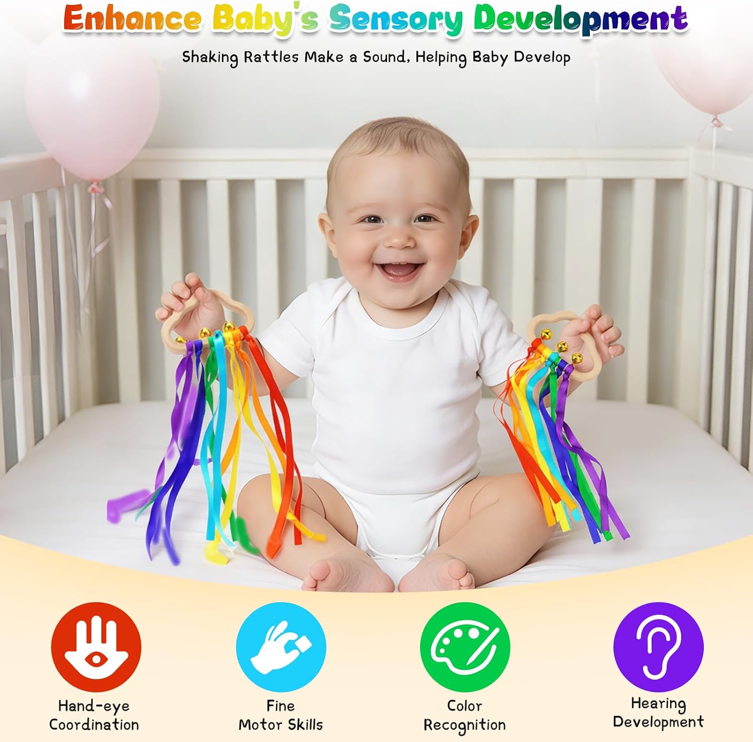 Detalle de Baby Wooden Sensory Rattle Toys Rainbow Ribbons Cloud Ring (2 pieces) with bells