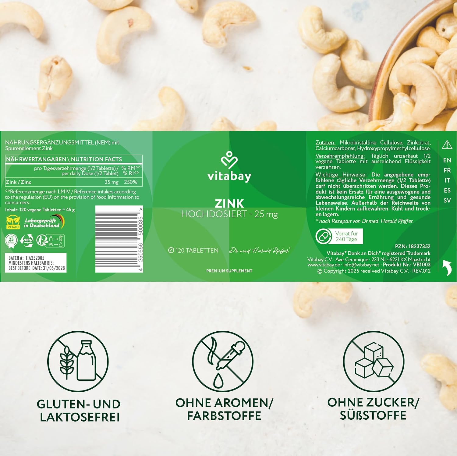 Detalle de Vitabay Zinkcitrat Hochdosiert – vegane Tabletten, 120 Stück (240 Portionen) mit 25 mg Zink pro Portion
