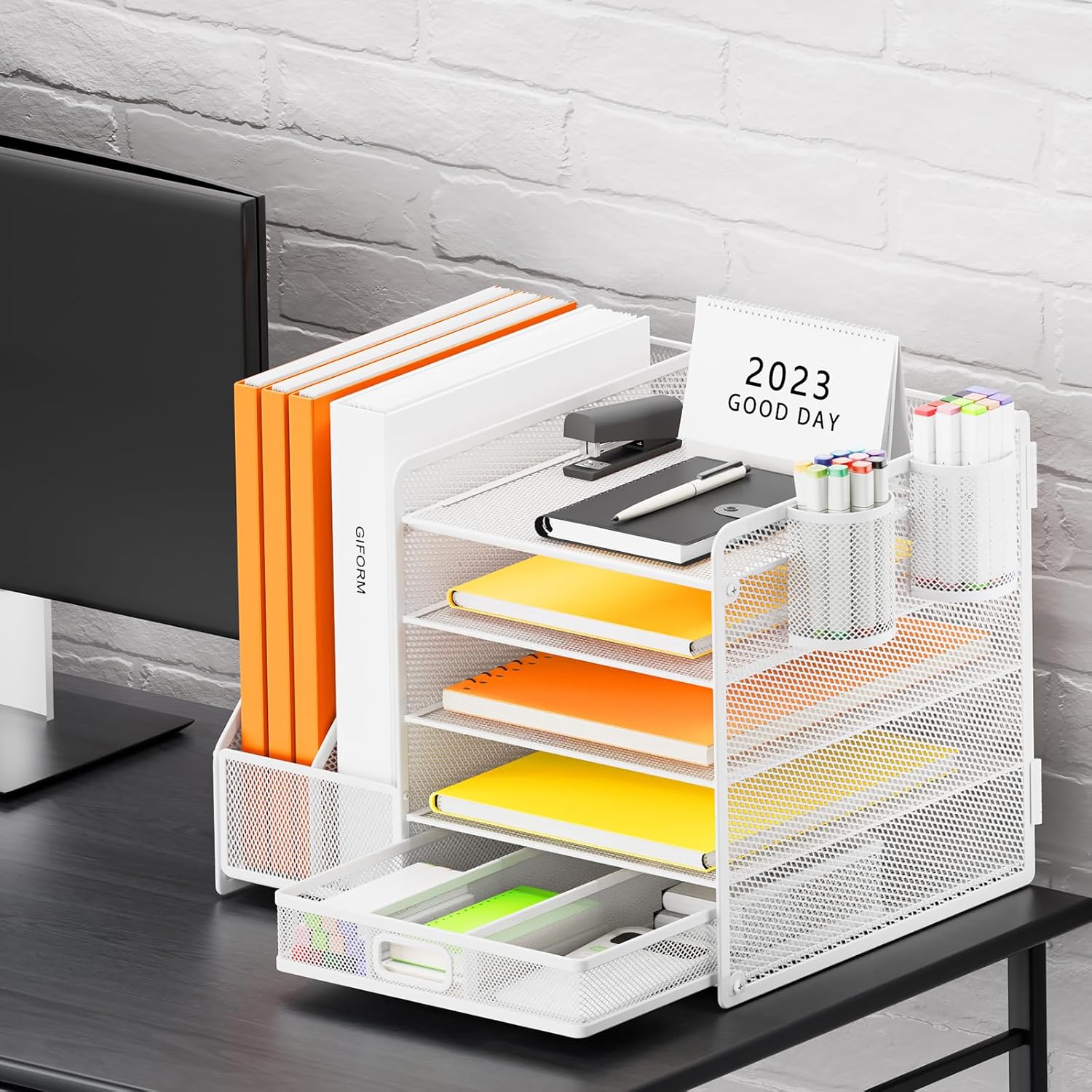 Thumbnail 3 de Restorgan Schreibtisch Organizer mit Aktenhalter – 5-stufiger Papier Organizer mit Schublade und Stifthaltern (weiß)