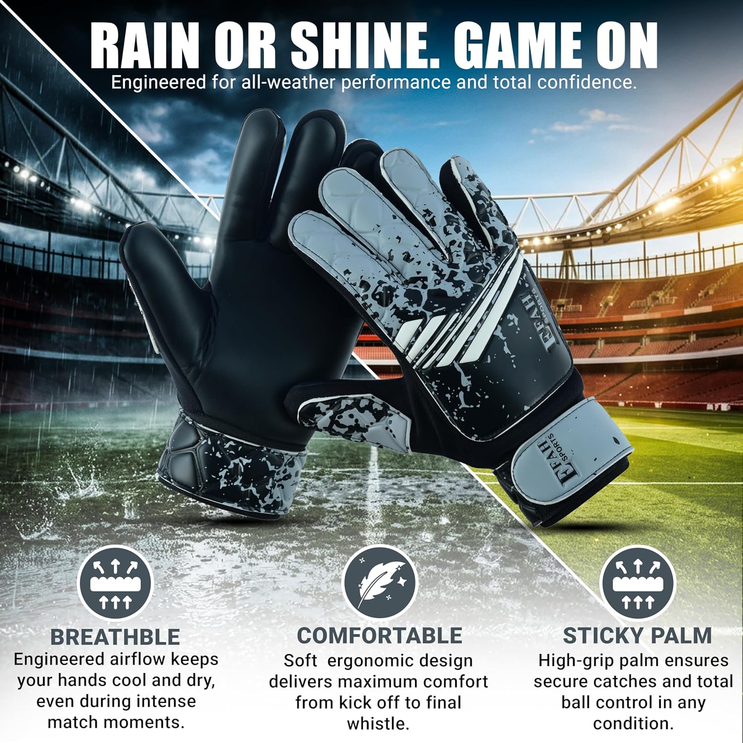 Thumbnail 1 de EFAH SPORTS HU-XI-201 Size 4 Soccer Goalie Gloves, Latex Palm, Black/Gray