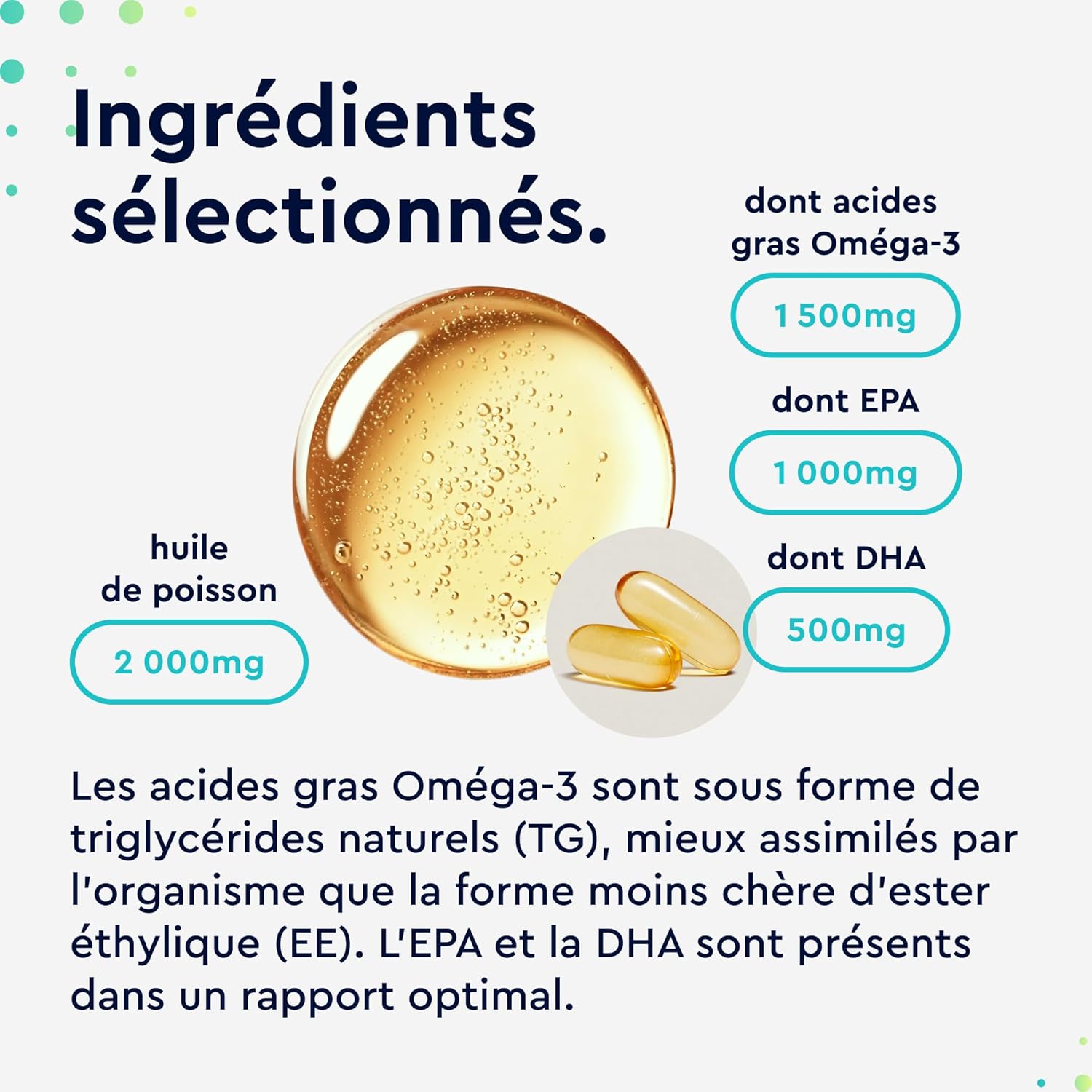 Detalle de Omega 3 2000 mg Huile de poisson sauvage (rTG) – 1000 mg EPA + 500 mg DHA, 120 gélules