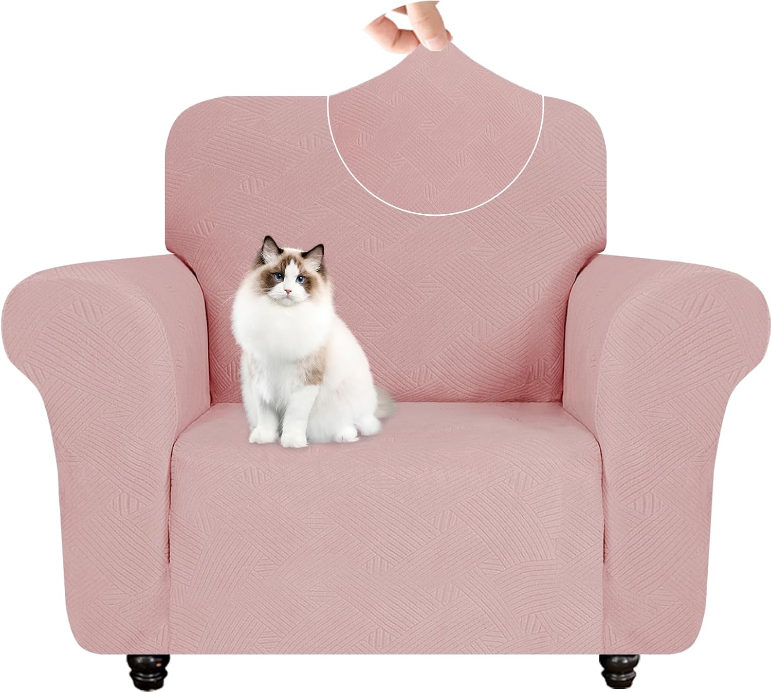 Detalle de YSTELLAA Housse de fauteuil 1 place avec accoudoirs, motif géométrique rosé – antidérapante et extensible