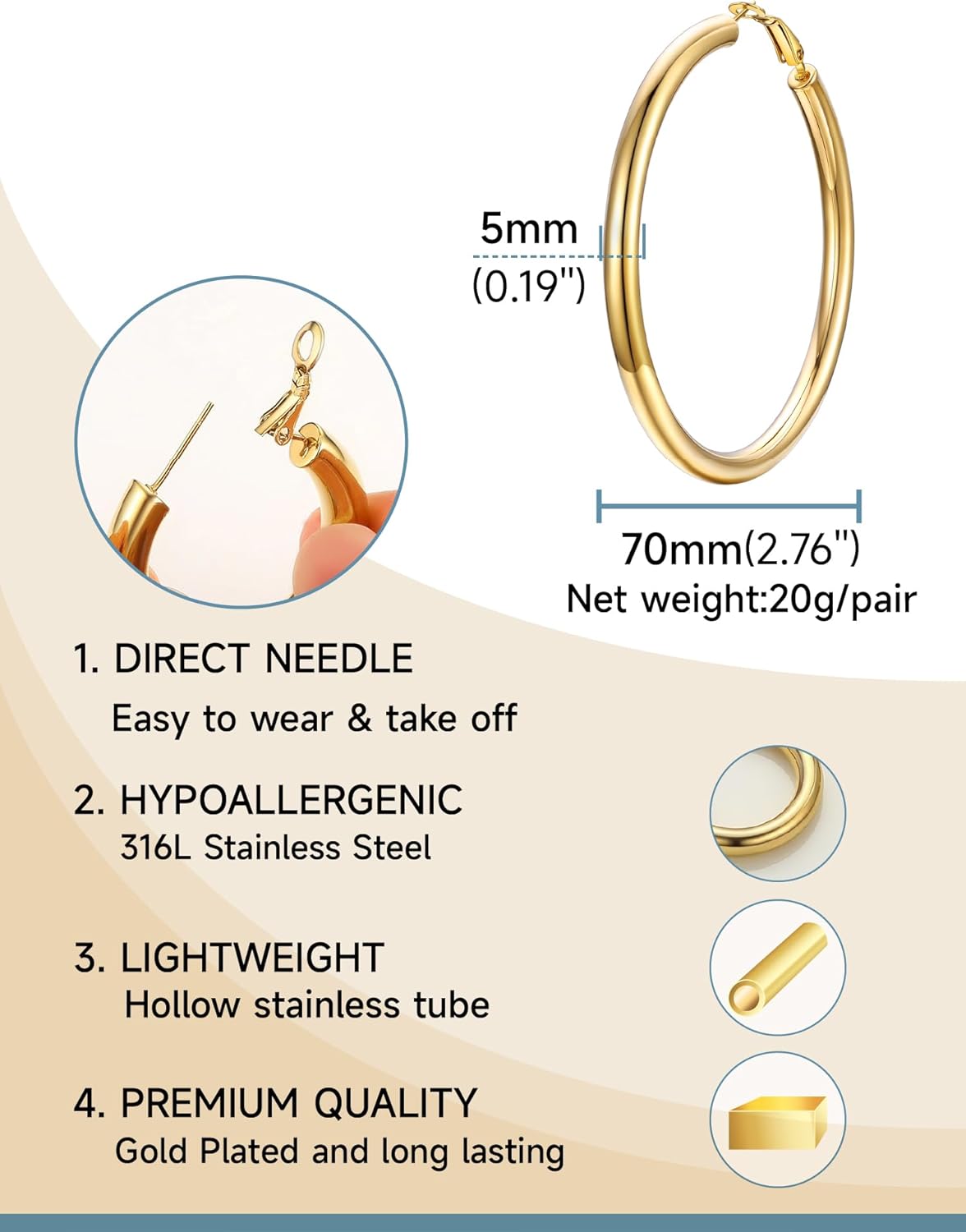 Thumbnail 3 de PROSTEEL Orecchini a cerchio oversize in acciaio inox 316L oro 30/40/60/80 mm