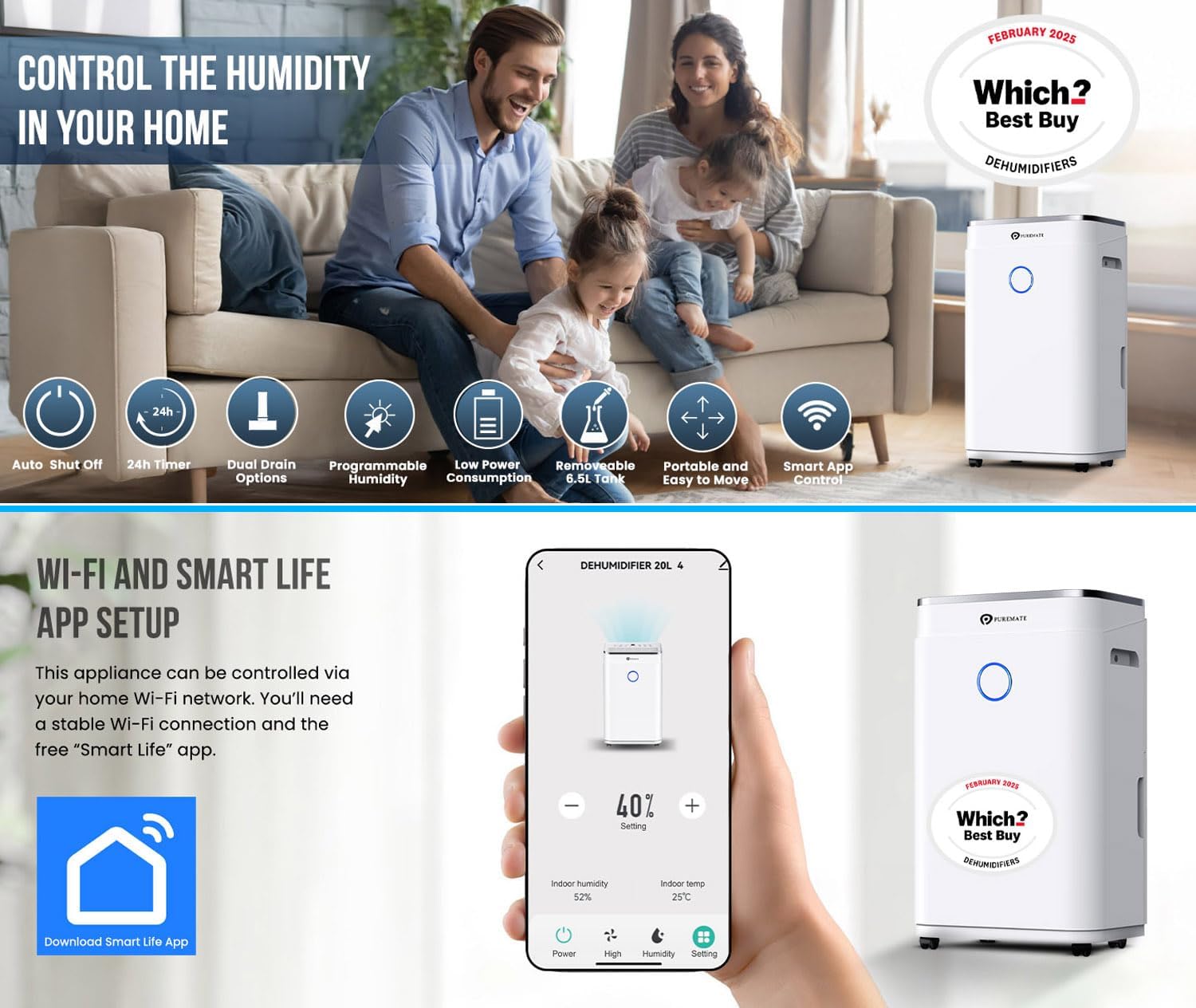 Detalle 2 de PureMate 20L Smart WiFi dehumidifier 6.5L tank 💧