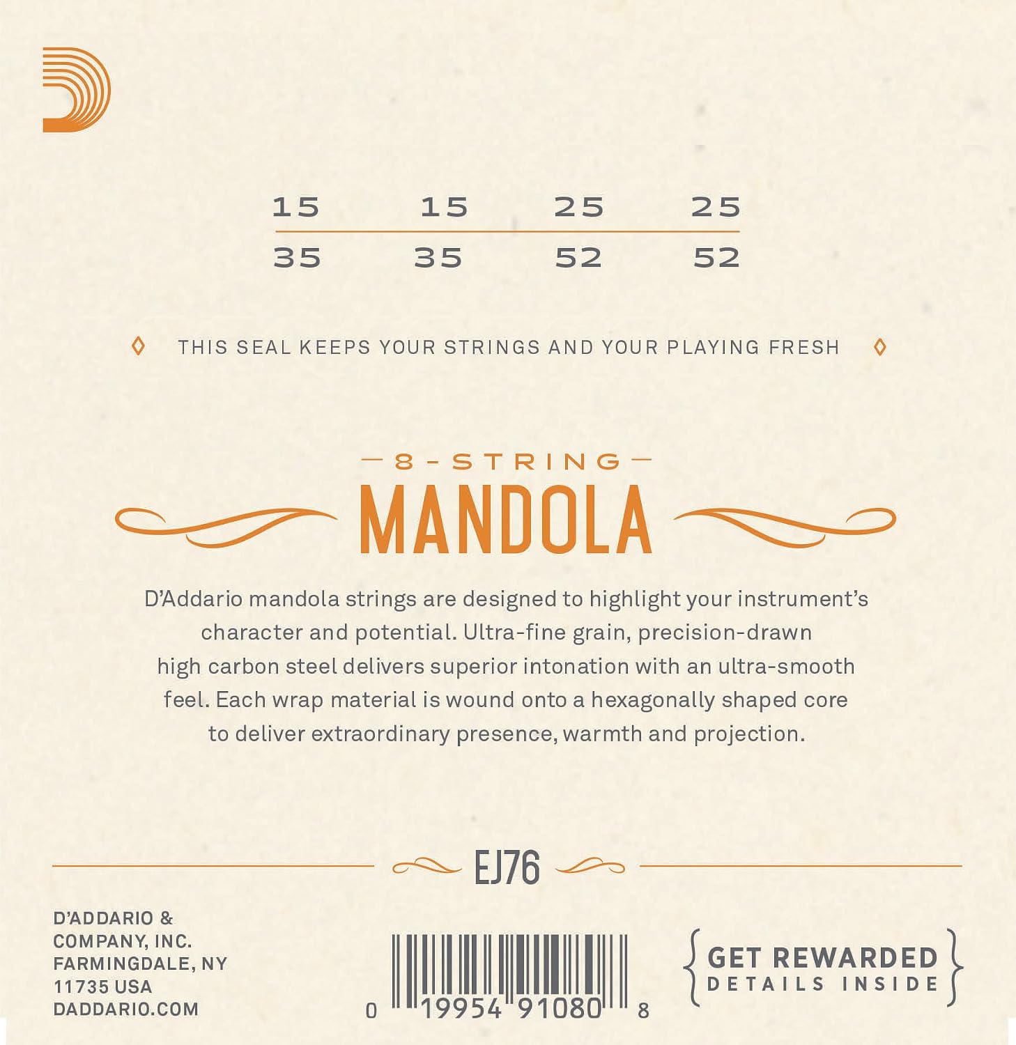 Detalle de D'Addario EJ76 strängar för mandola, fosforbrons, medium 15–52