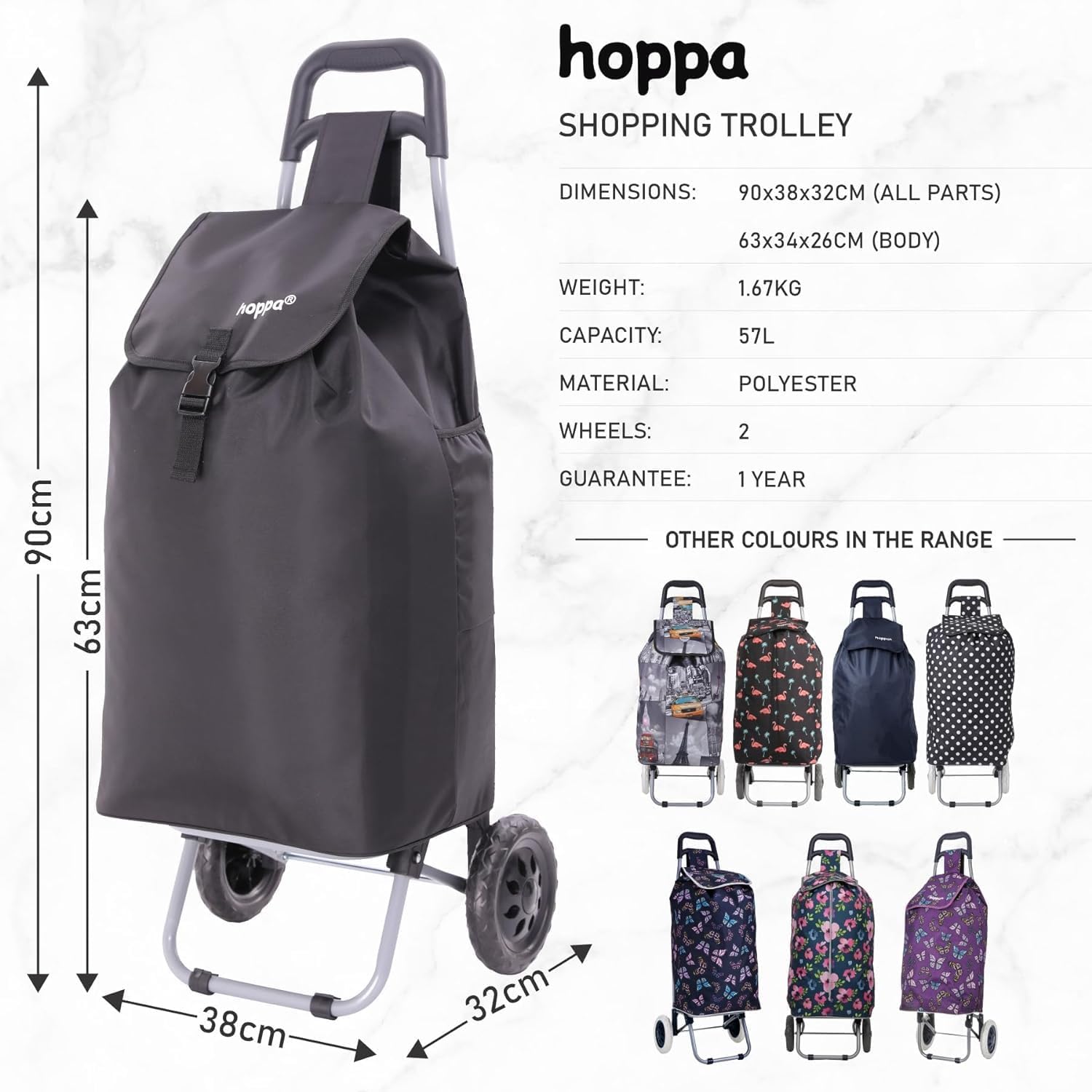 Thumbnail 2 de Hoppa Shopping Trolley on Wheels (57L) Foldable 2 Wheel Grocery Cart with Secure Lid