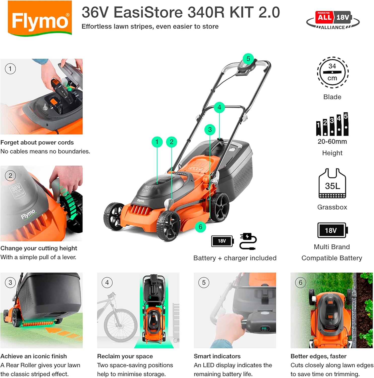 Thumbnail 1 de Flymo 36V EasiStore 340R Cordless Lawnmower Kit with 2x 18V Power For All Batteries and Charger