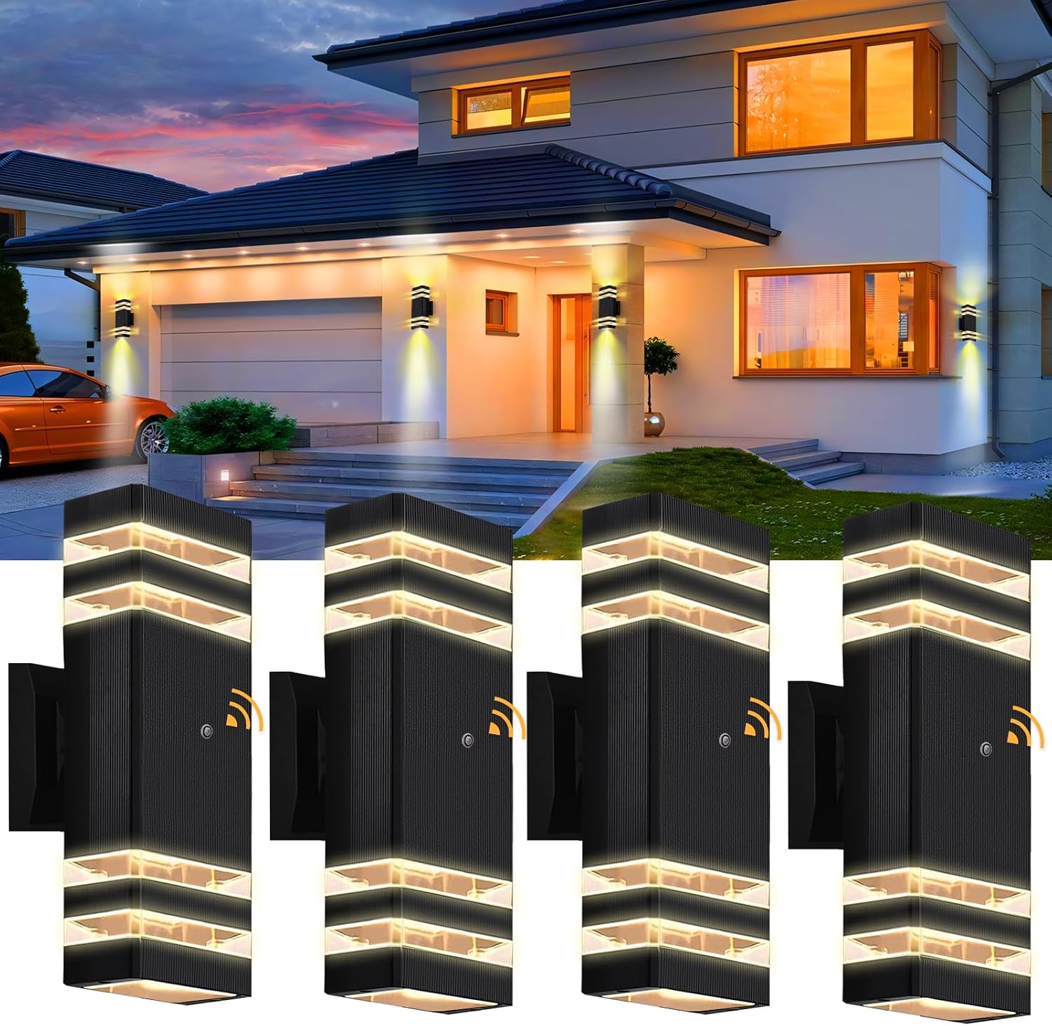Detalle de hameso G019 4-Pack Outdoor Wall Lights, 3000K Warm White, Dusk-to-Dawn