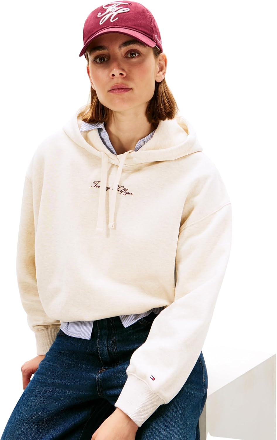 Detalle de Tommy Hilfiger Damen Classic Script Fleece Hoodie (Kapuzensweatshirt) WW0WW47459