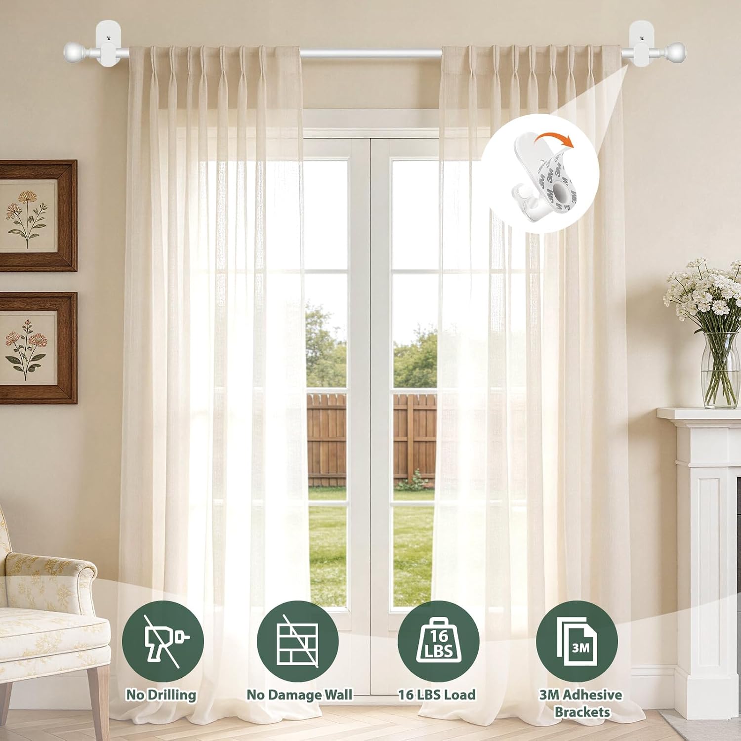 Detalle de USFOOK Adhesive Curtain Rod, 32 to 58 Inches