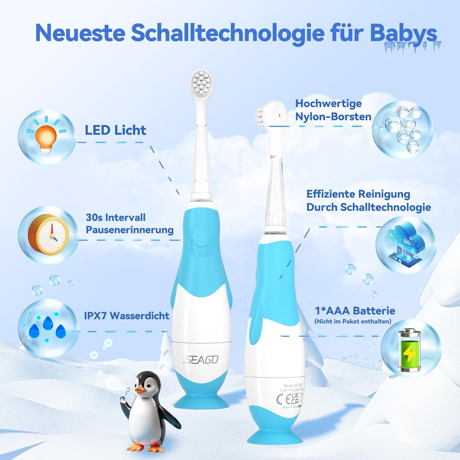 Thumbnail 6 de Seago Elektrische Zahnbürste Kinder SG513 (Blau) ab 0–3 Jahren mit LED-Licht, Soft-Bürstenkopf und 2-Minuten Smart-Timer