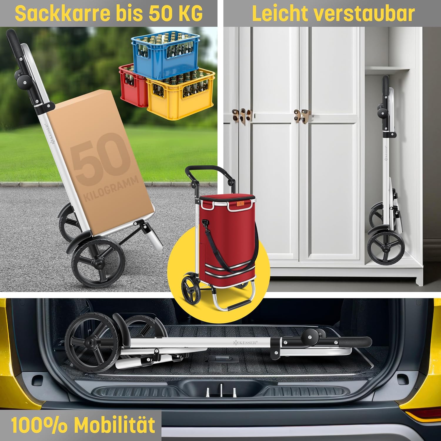 Detalle de KESSER Einkaufstrolley klappbar 56 l (bis 50 kg) mit Kühlfach & Umhängetasche – Bordeaux Rot