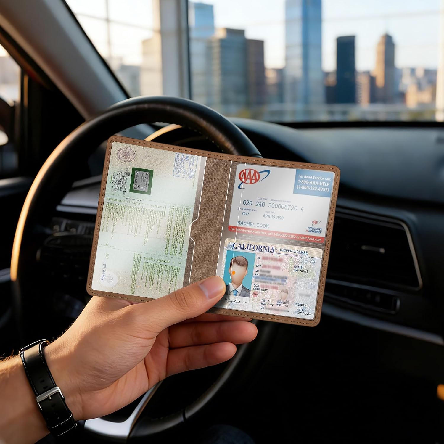 Detalle de FINTIE KFZ Fahrzeugschein Hülle & Versicherungshalter mit Magnetverschluss – Organizer fürs Handschuhfach, Braun