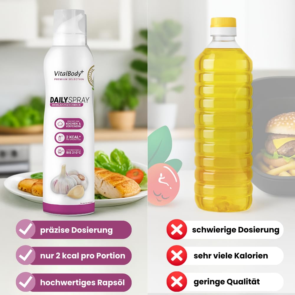 Detalle 2 de VitalBody+ DailySpray Rapsöl mit Knoblauchgeschmack – Kalorienarm & antihaftend, 800 Portionen