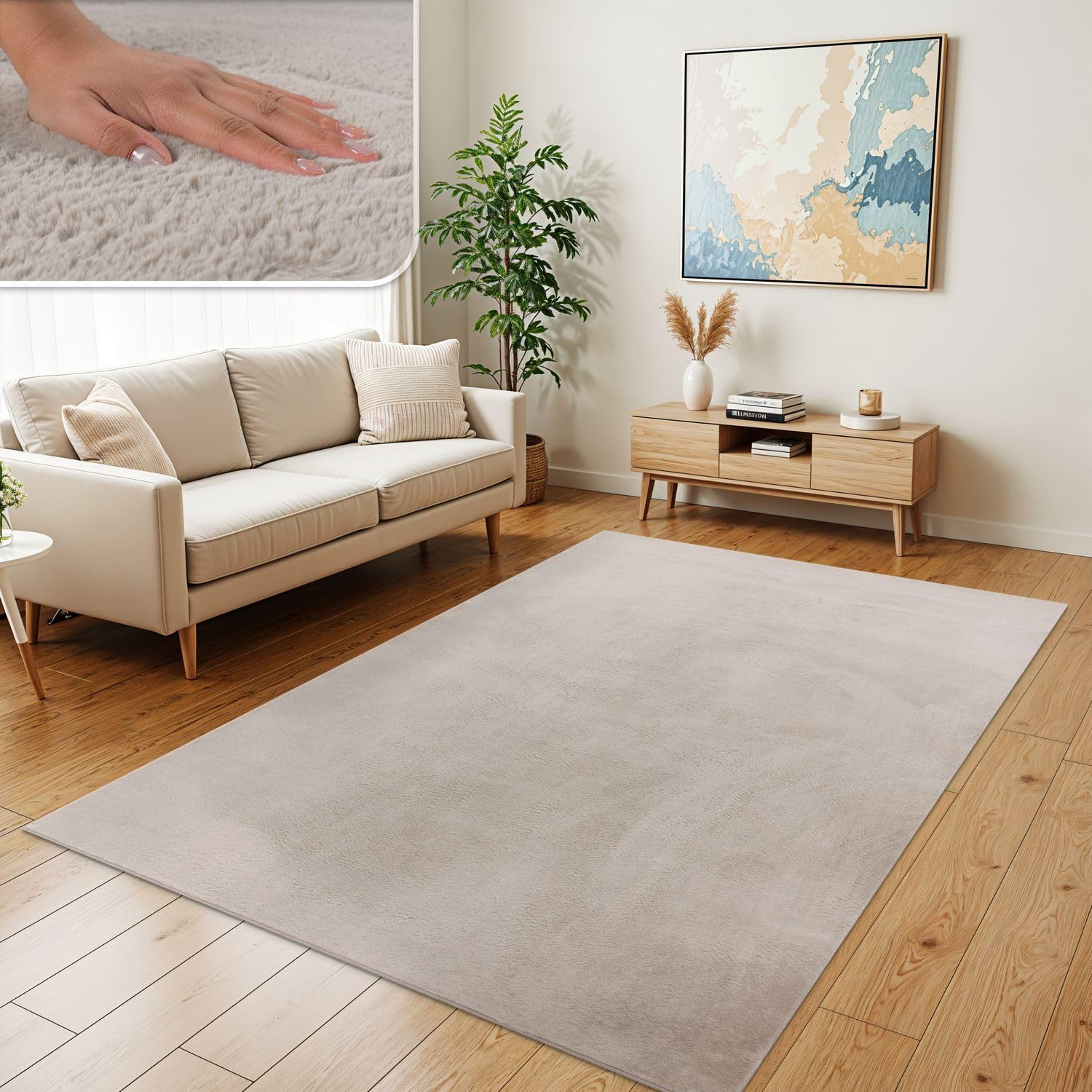 Detalle de TT Home Shaggy beige – tapis haut poil en peluche 120×160 cm