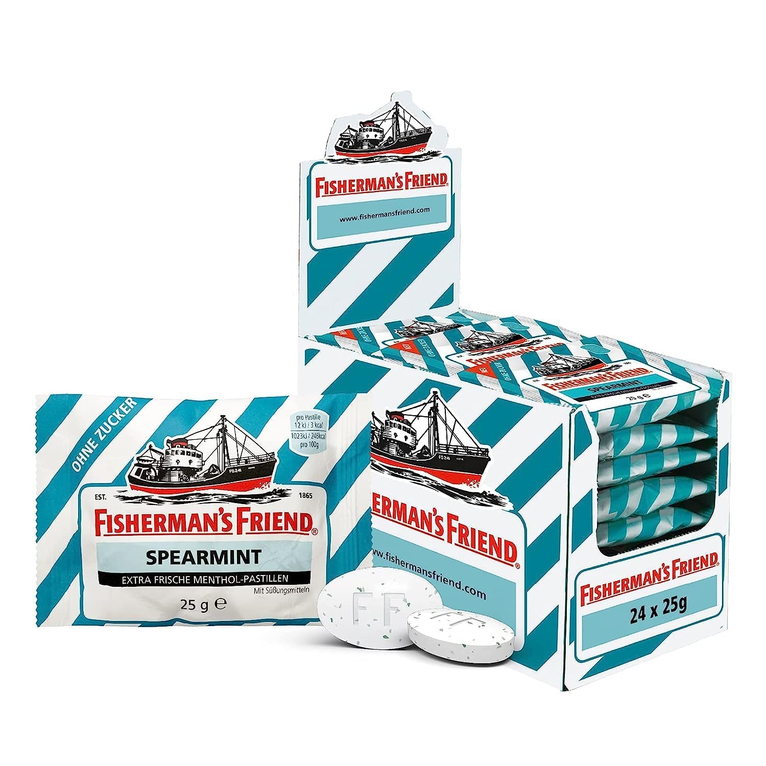 Detalle de Fisherman's Friend Spearmint – 24er Vorratsbox, zuckerfrei, vegan und erfrischend mintig
