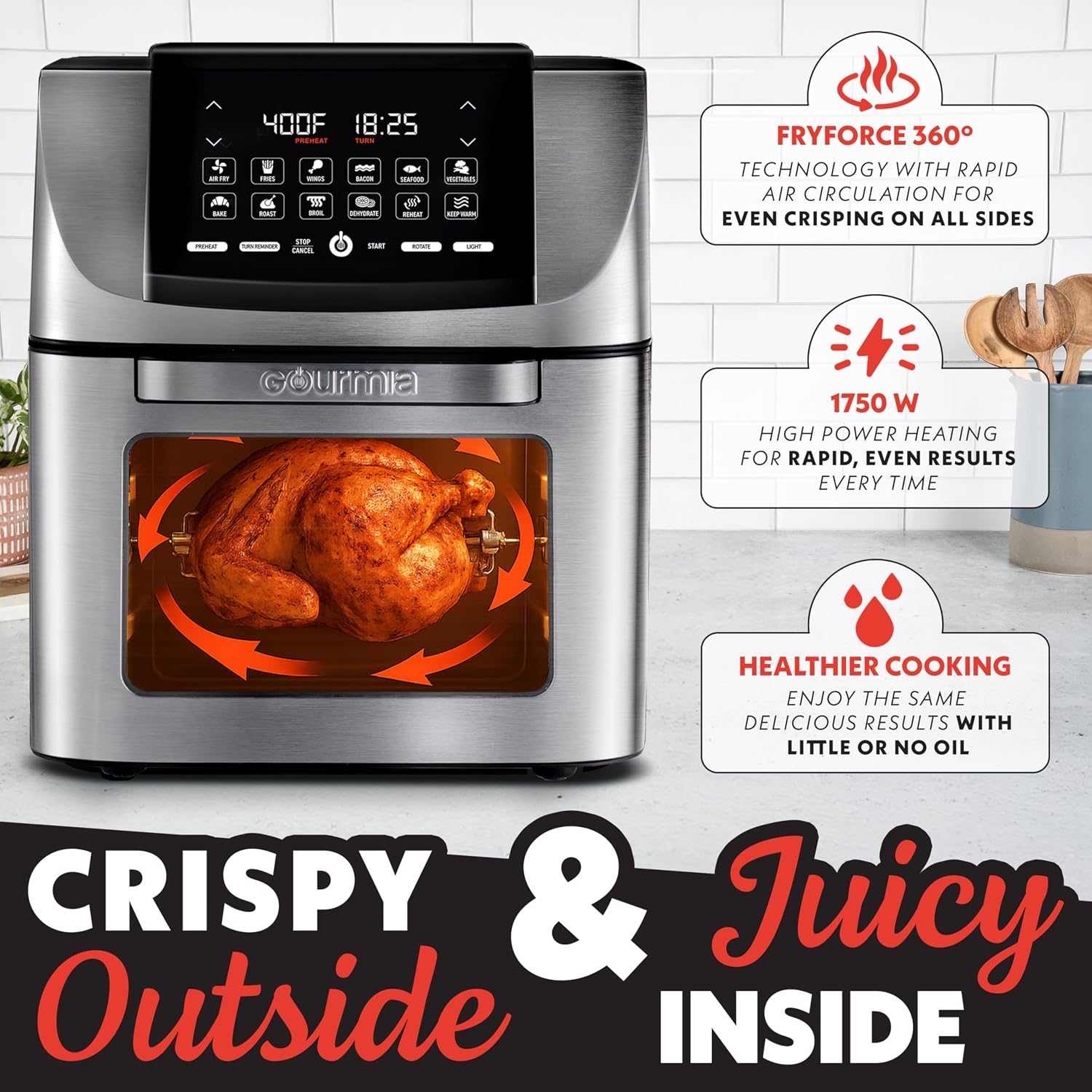 Detalle de Gourmia 14 Qt Air Fryer All-in-One Rotisserie Oven with Digital Display, 12 Presets, 1750W